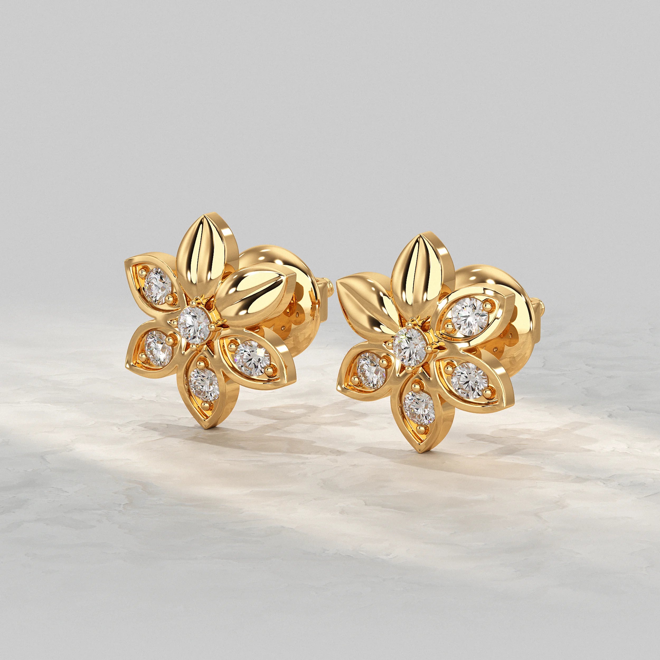 Yellow-Gold-Floral-Design-Earring-With-Diamond-Accent
