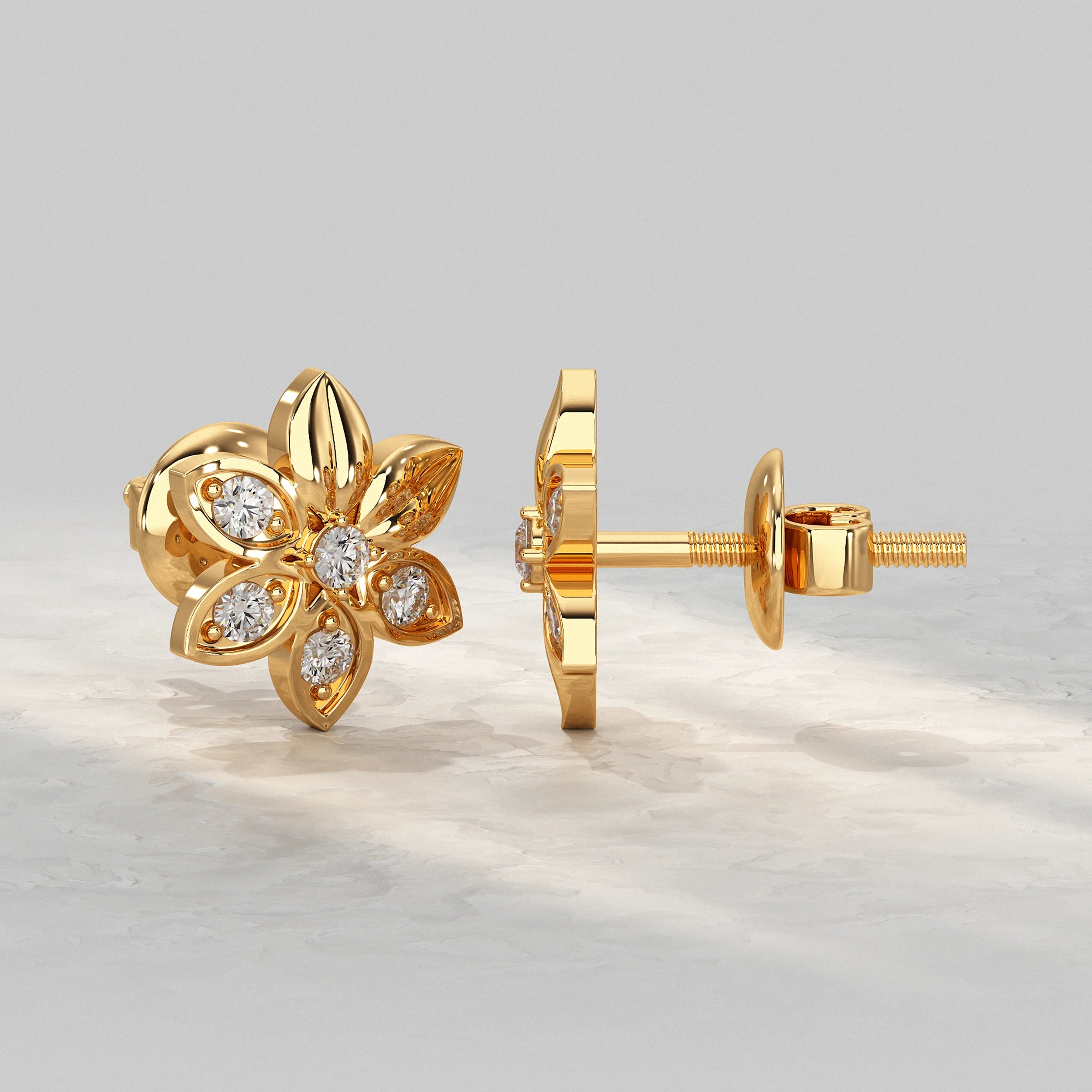 Yellow-Gold-Floral-Stud-Earring-With-Lab-Diamond