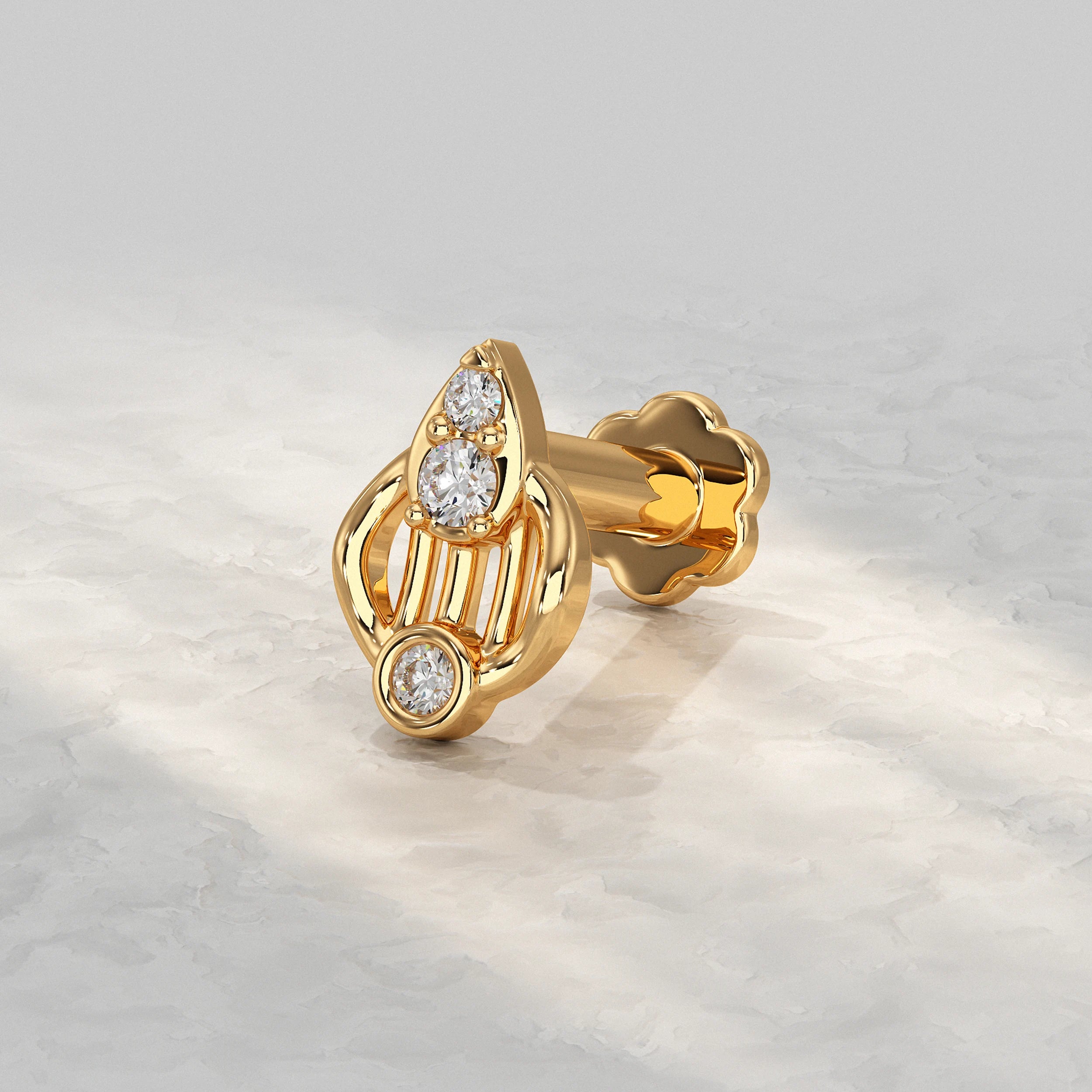 Yellow-Gold-Pear-Nose-Pin-With-Three-Round-Diamond-And-Central-Solitaire