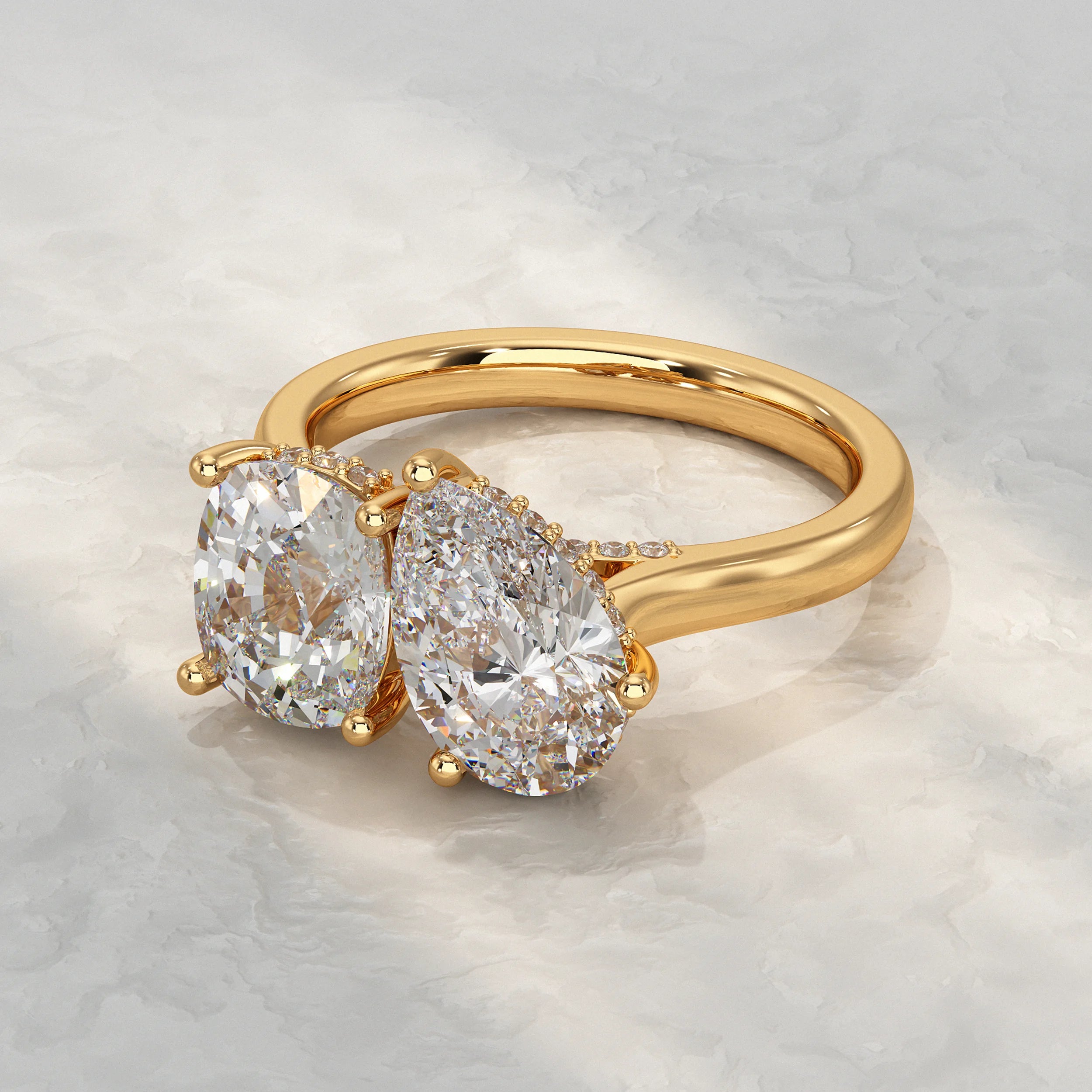 Two Stone Pear And Cushion Lab Diamond Hidden Halo Ring