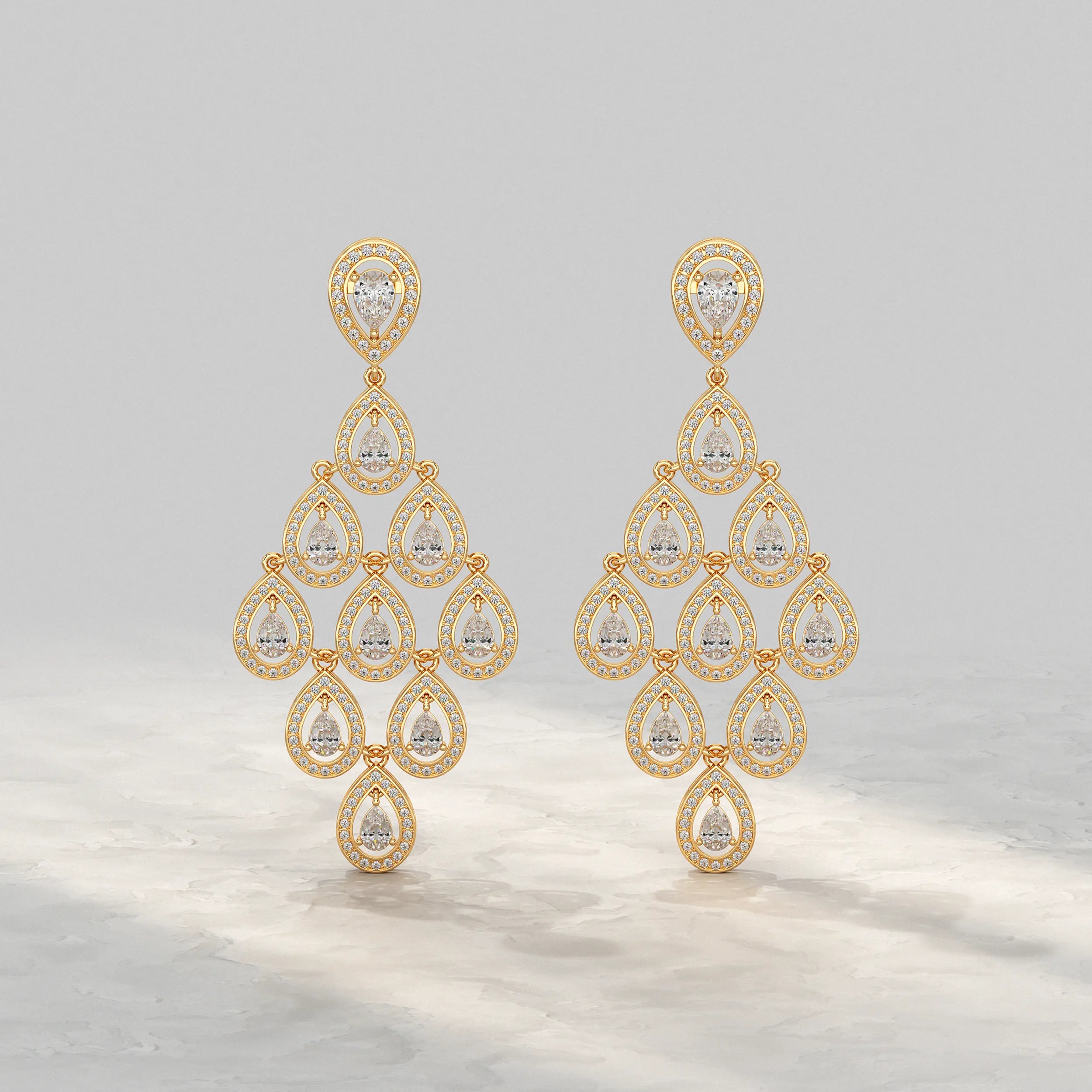 Pear Shape Halo Diamond Dangle Chandelier Earrings