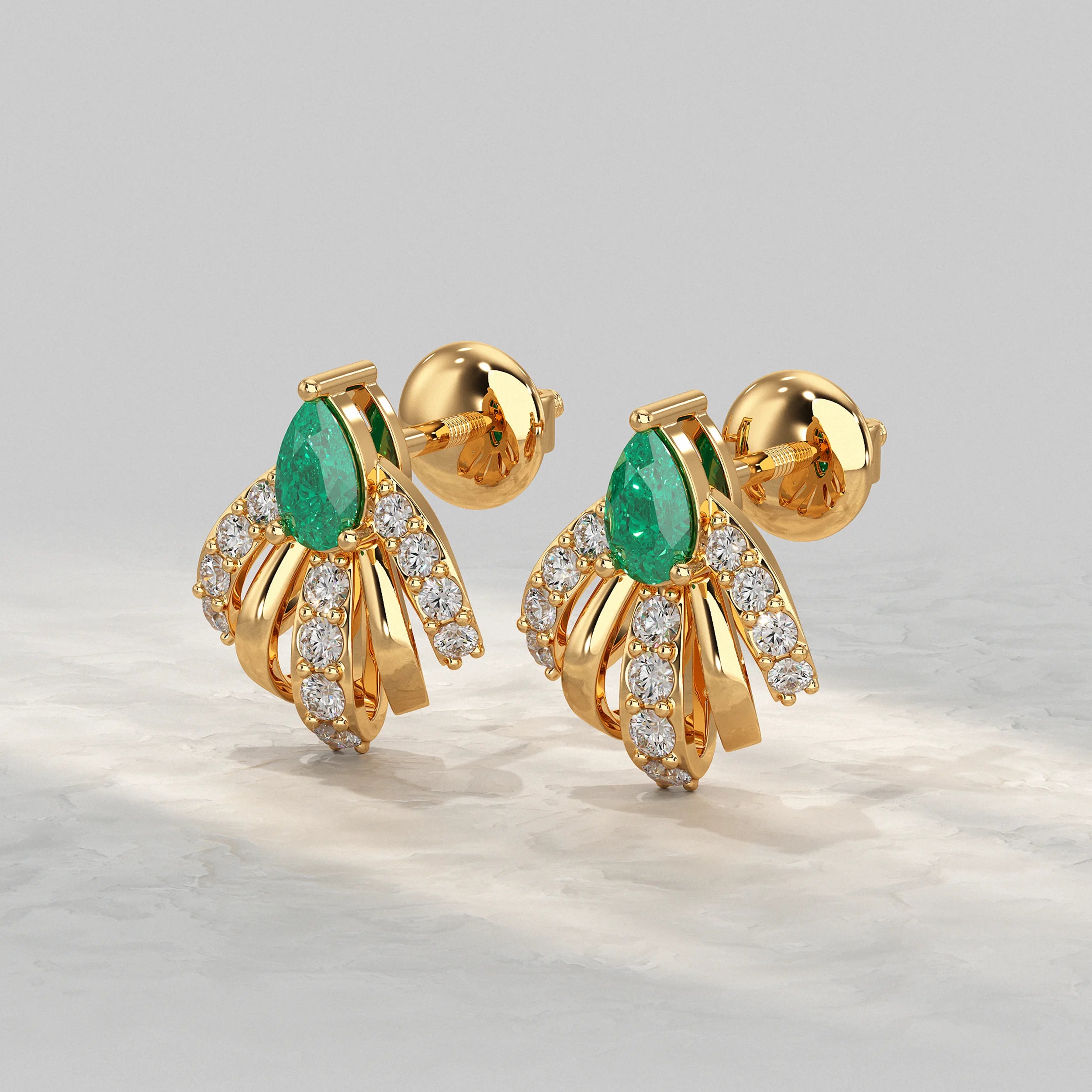 Pear Cut Emerald And Diamond Cluster Stud Earrings
