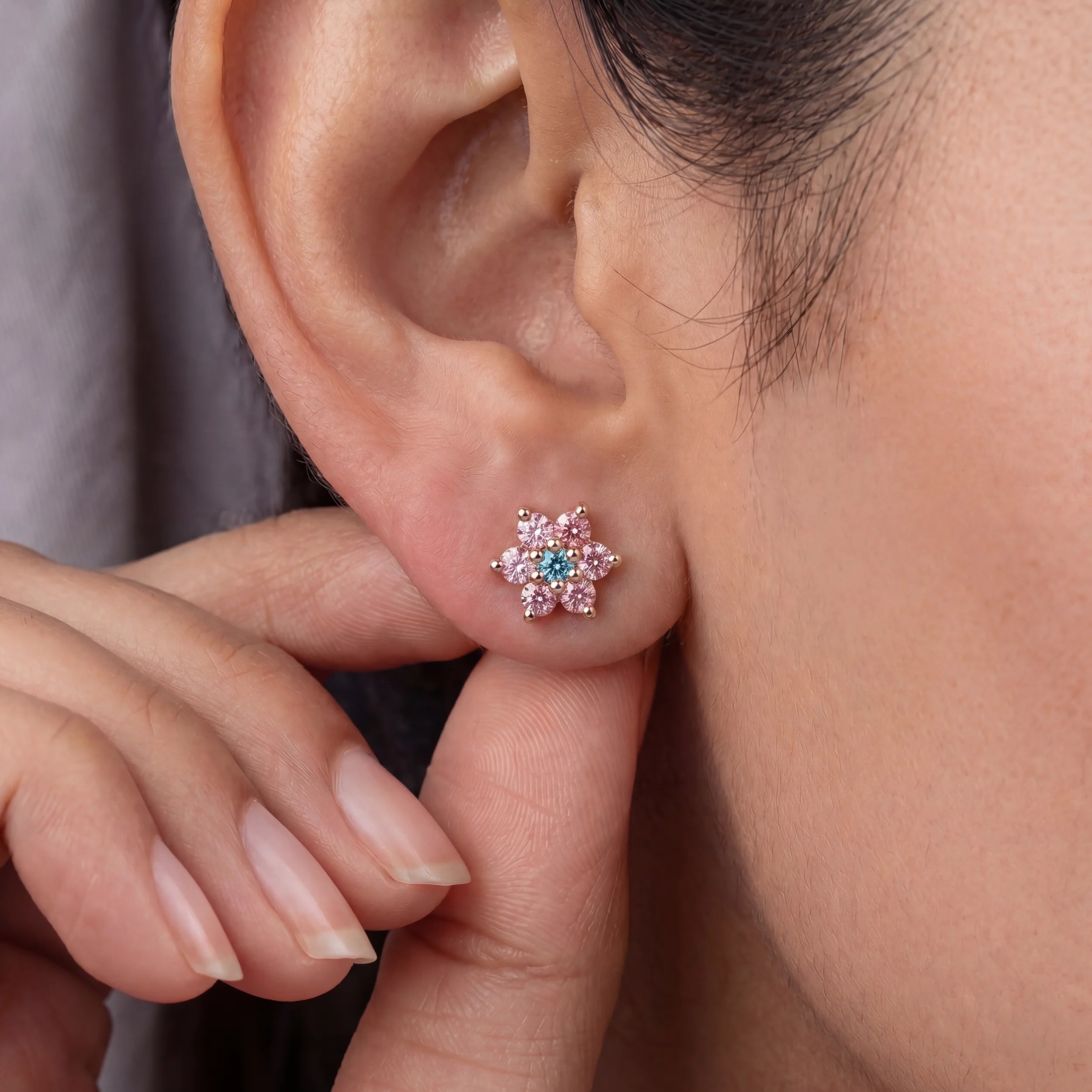Floral Style Pink Round Diamond Stud Earring