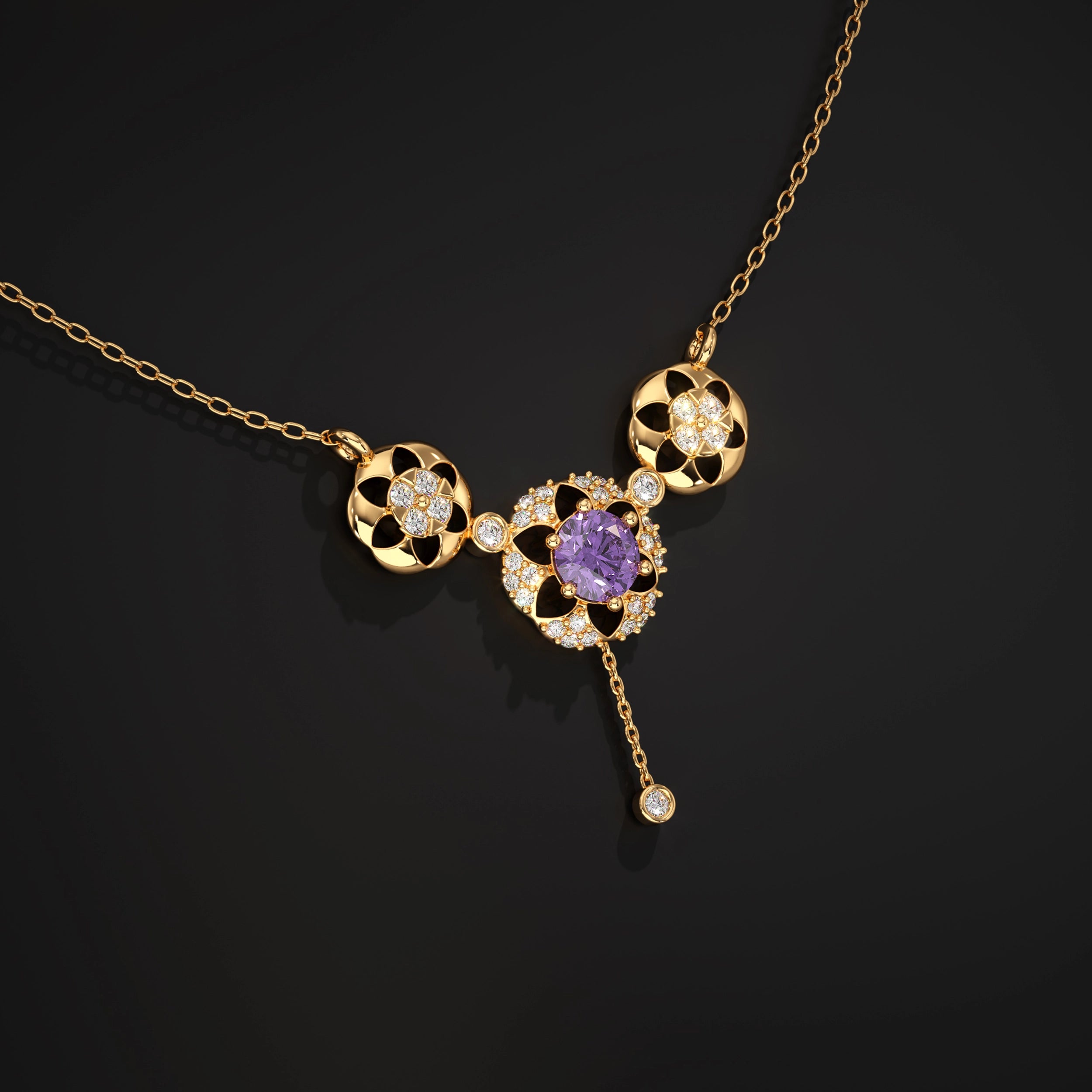 Round Diamond Flower Shape Drop Chain Pendant