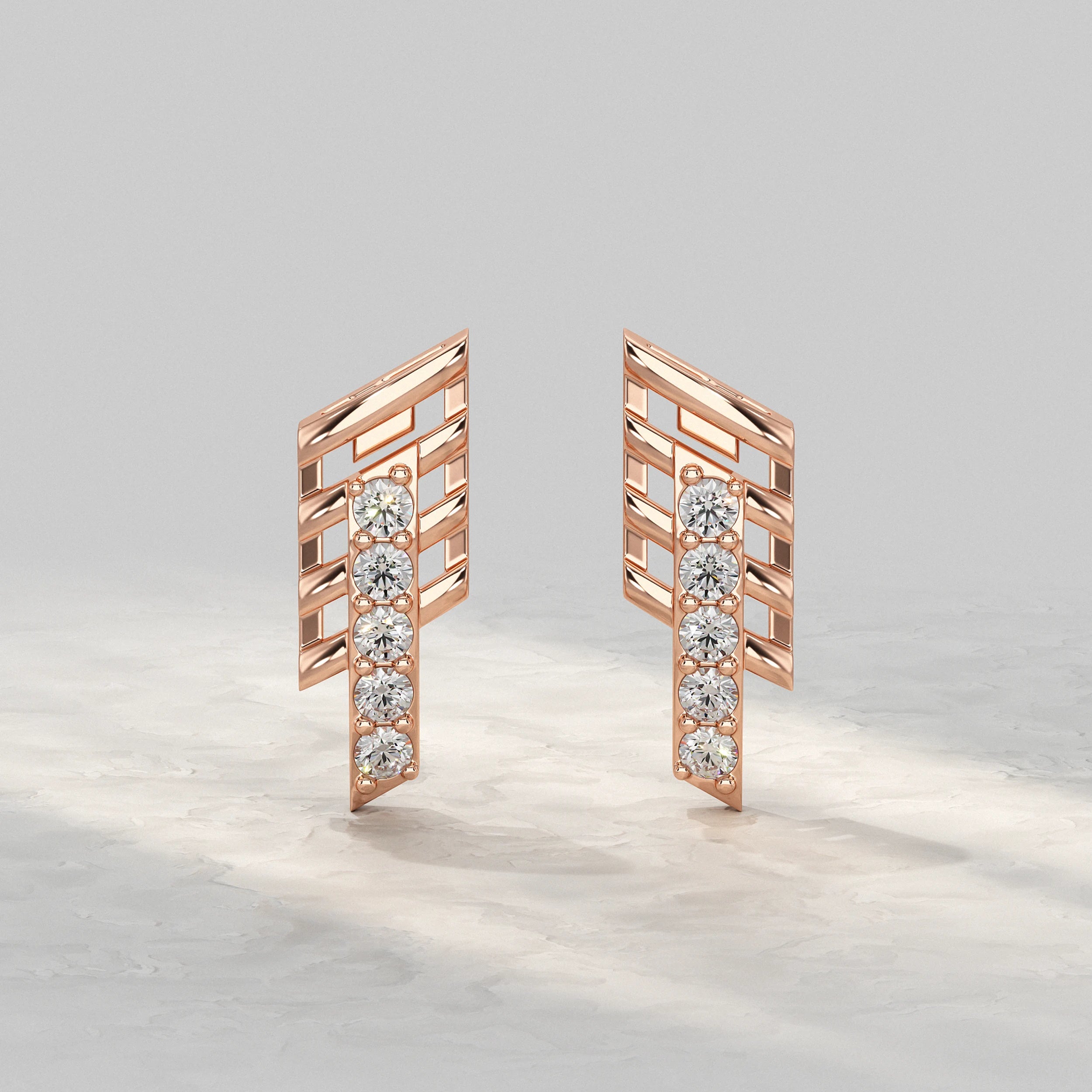 Geometric Open Frame Round Diamond Bar Earrings