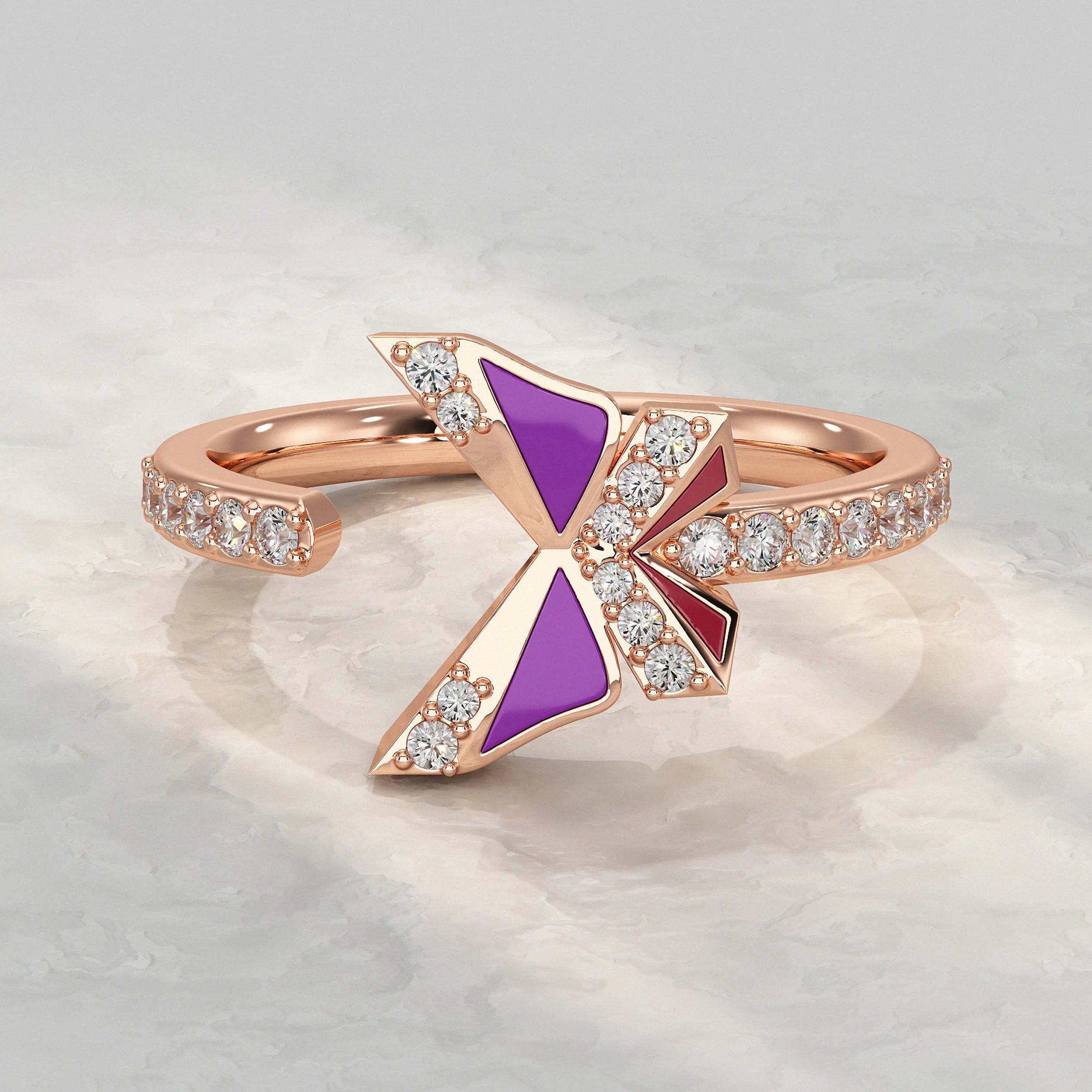 Purple Enamel Butterfly Lab Diamond Open Cuff Ring
