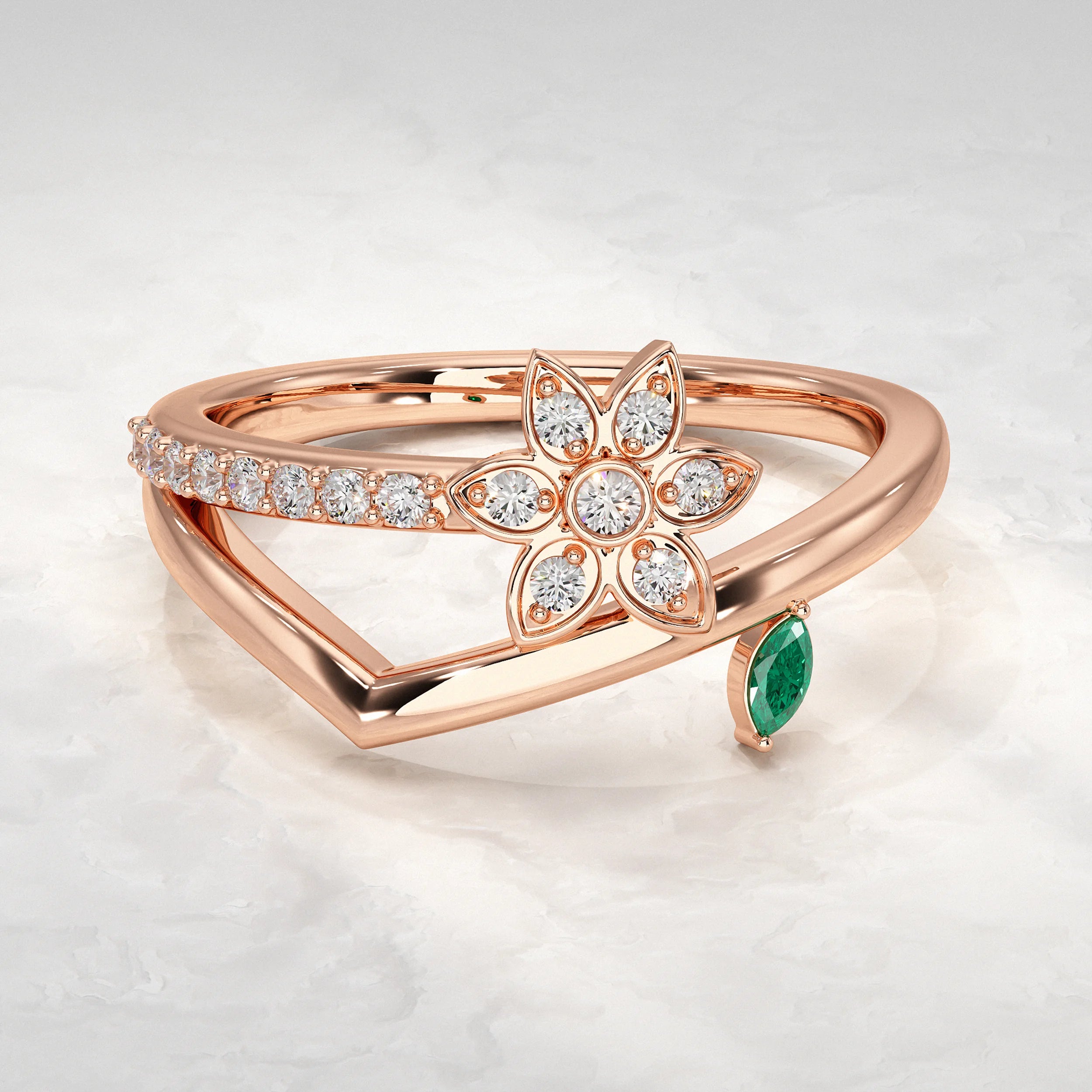 Elegant-Rose-Gold-Ring-with-Diamond-Flower-and-Green-Leaves