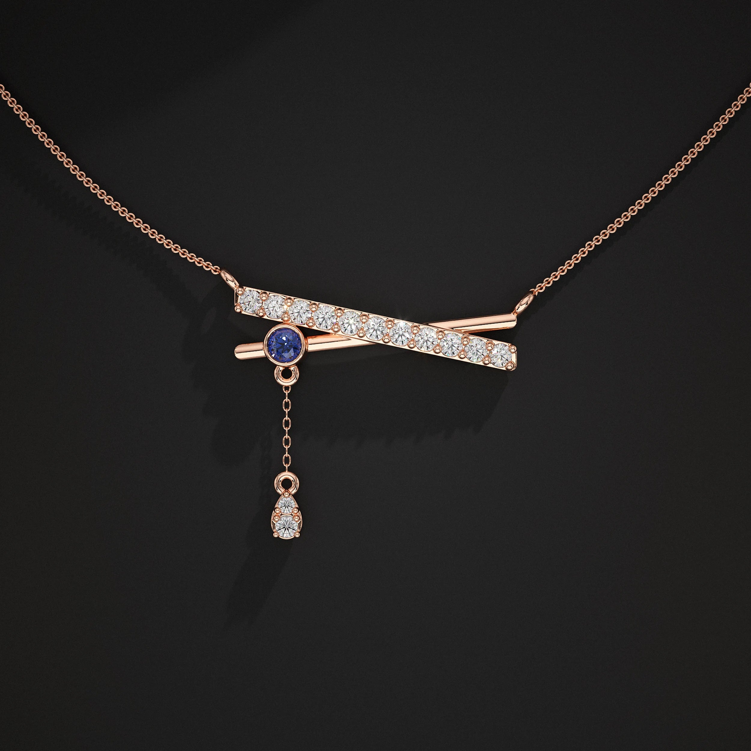 Round Lab Diamond Drop Chain Bar Pendant