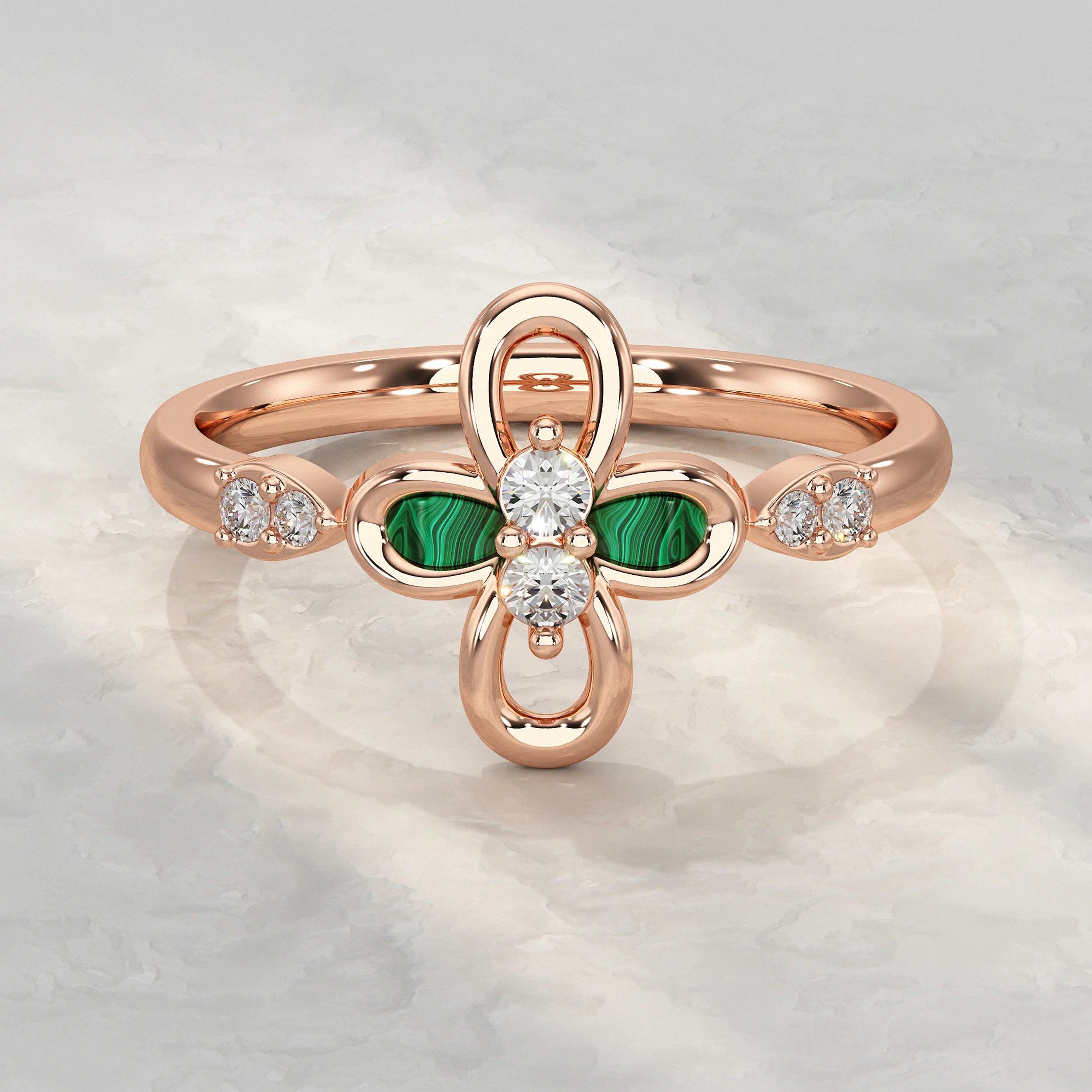 Floral Diamond Ring with Green Enamel Accent