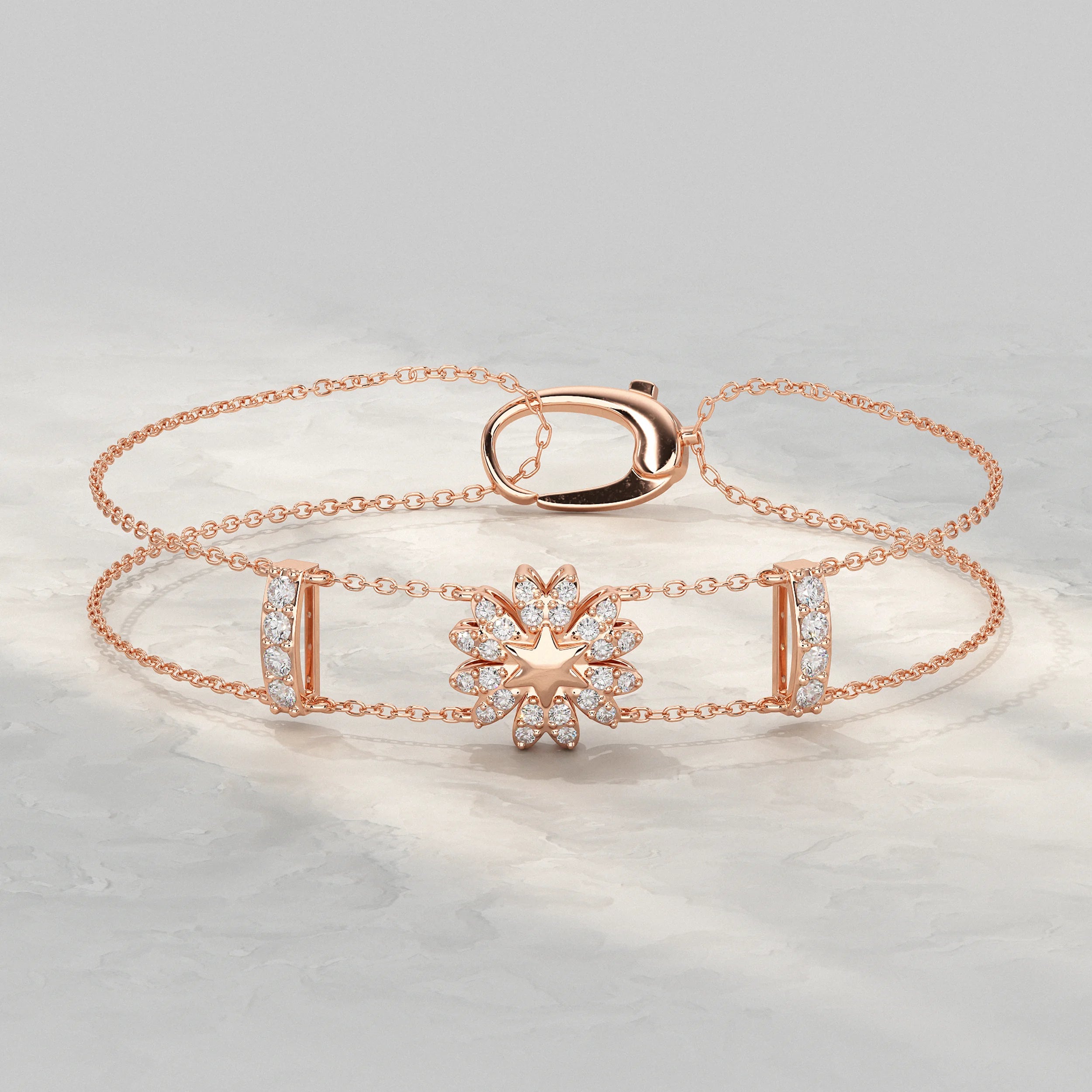 Floral Shape Round Diamond Double Chain Bracelet