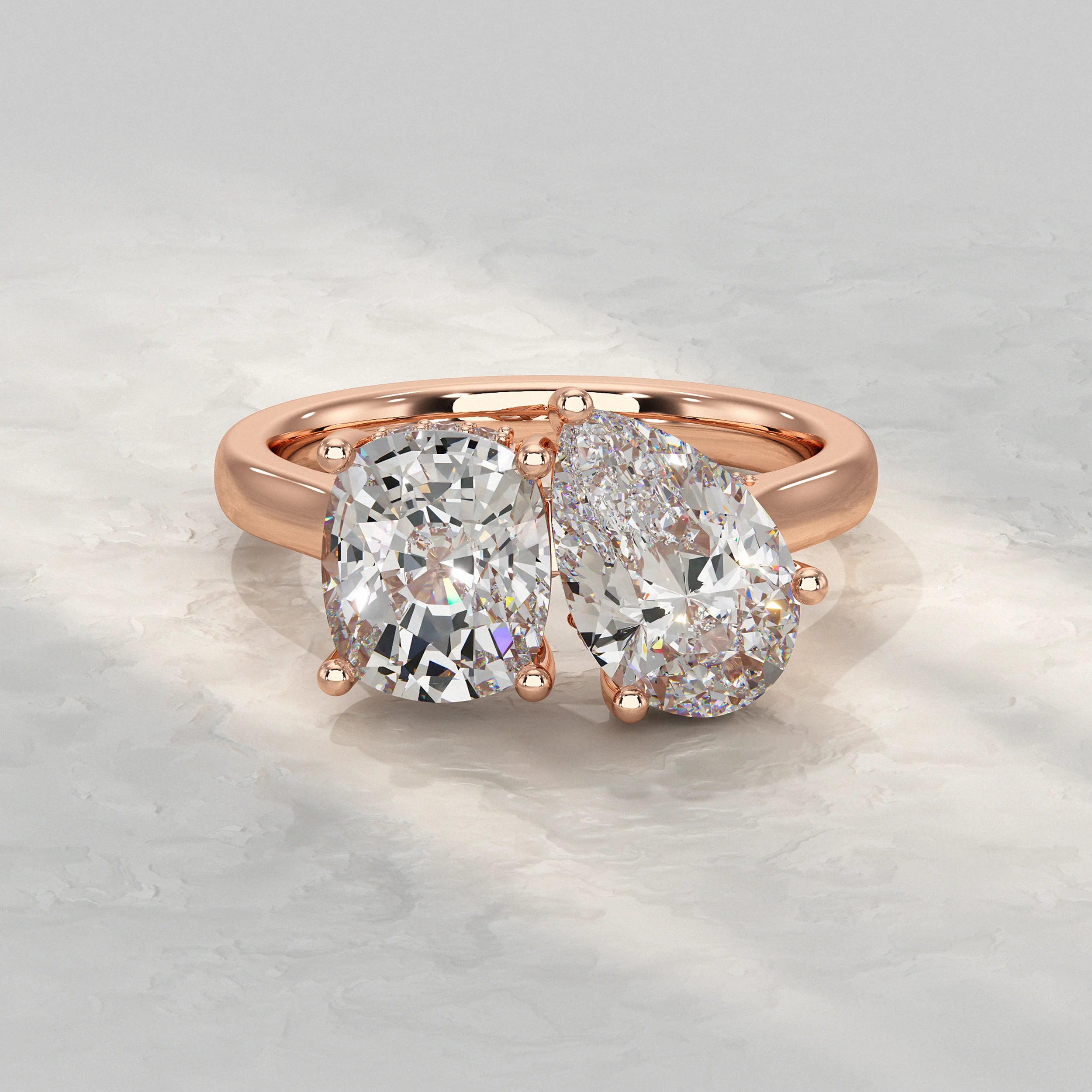 Two Stone Pear And Cushion Lab Diamond Hidden Halo Ring