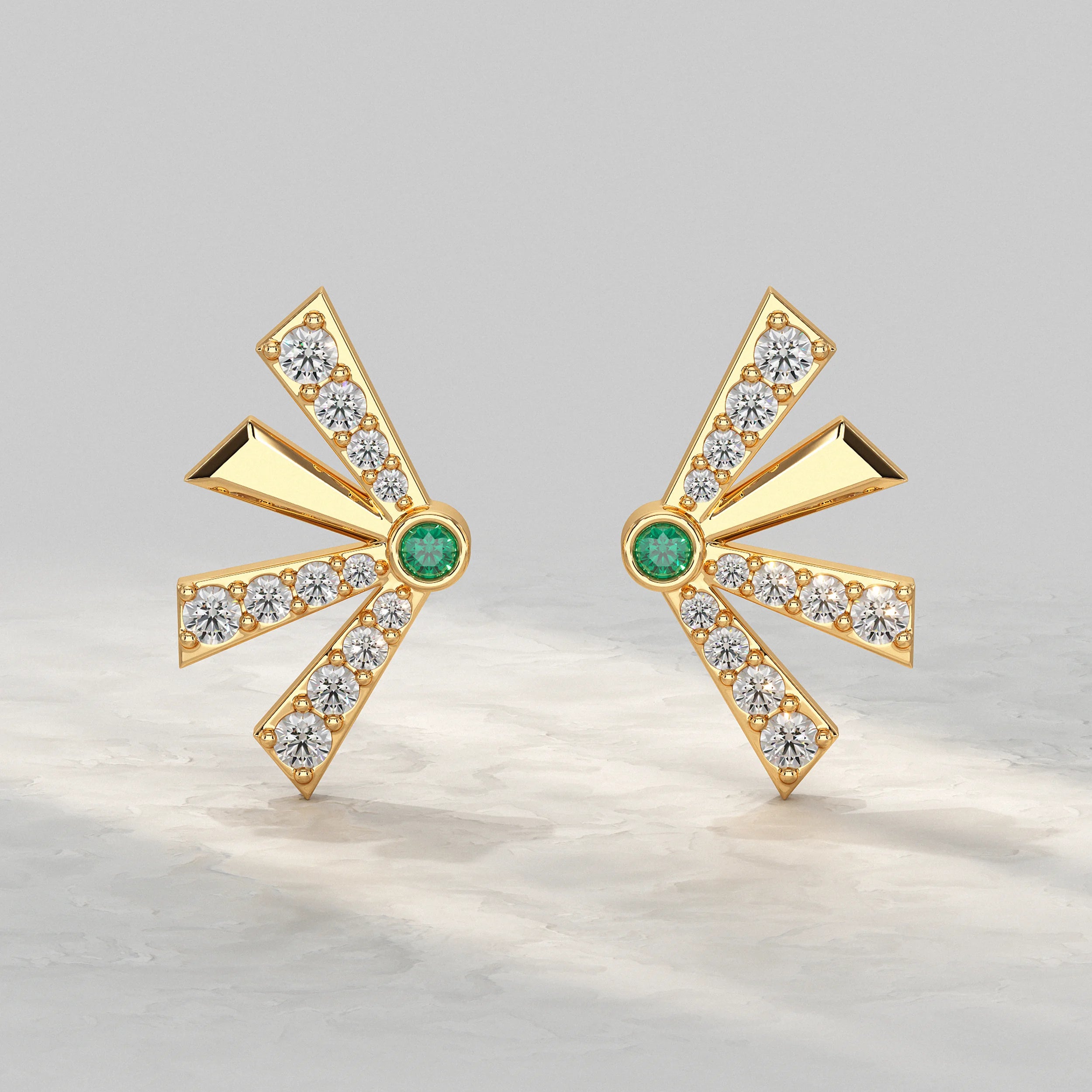 Round Cut Gem Diamond Fan Design Stud Earrings