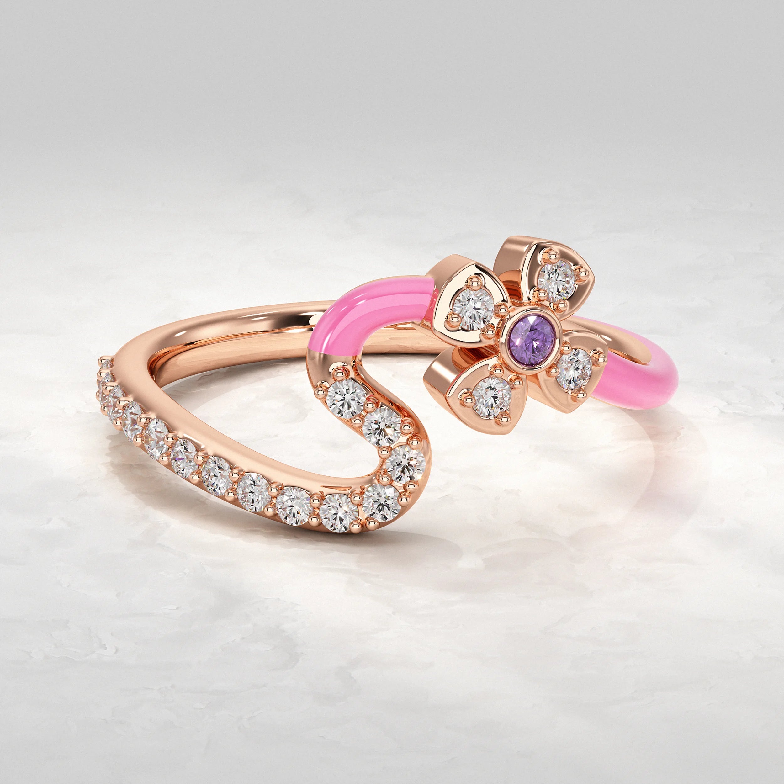 Rose-Gold-Ring-With-Pink-Enamel-and-Purple-Gem-Diamond-Accent
