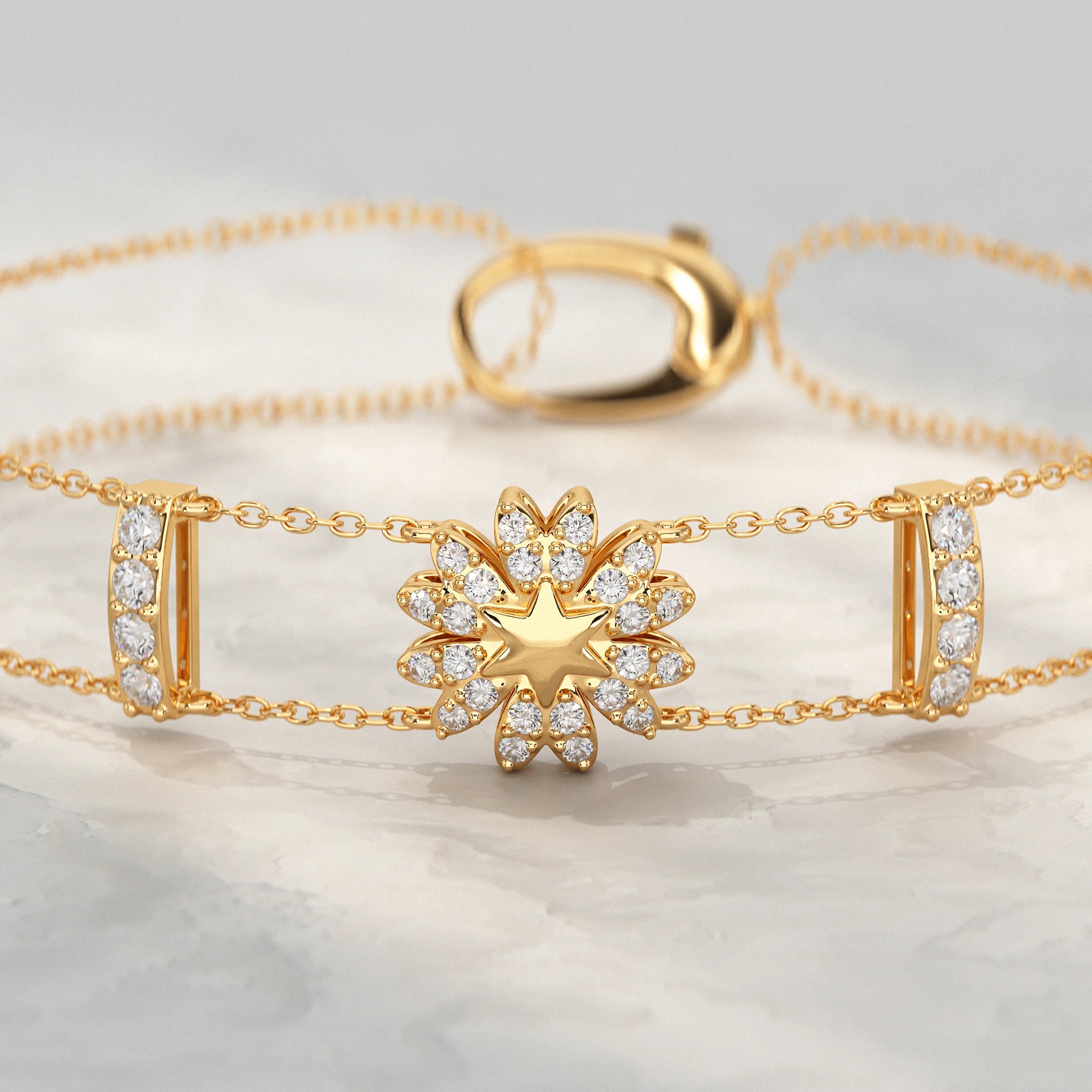 Floral Shape Round Diamond Double Chain Bracelet