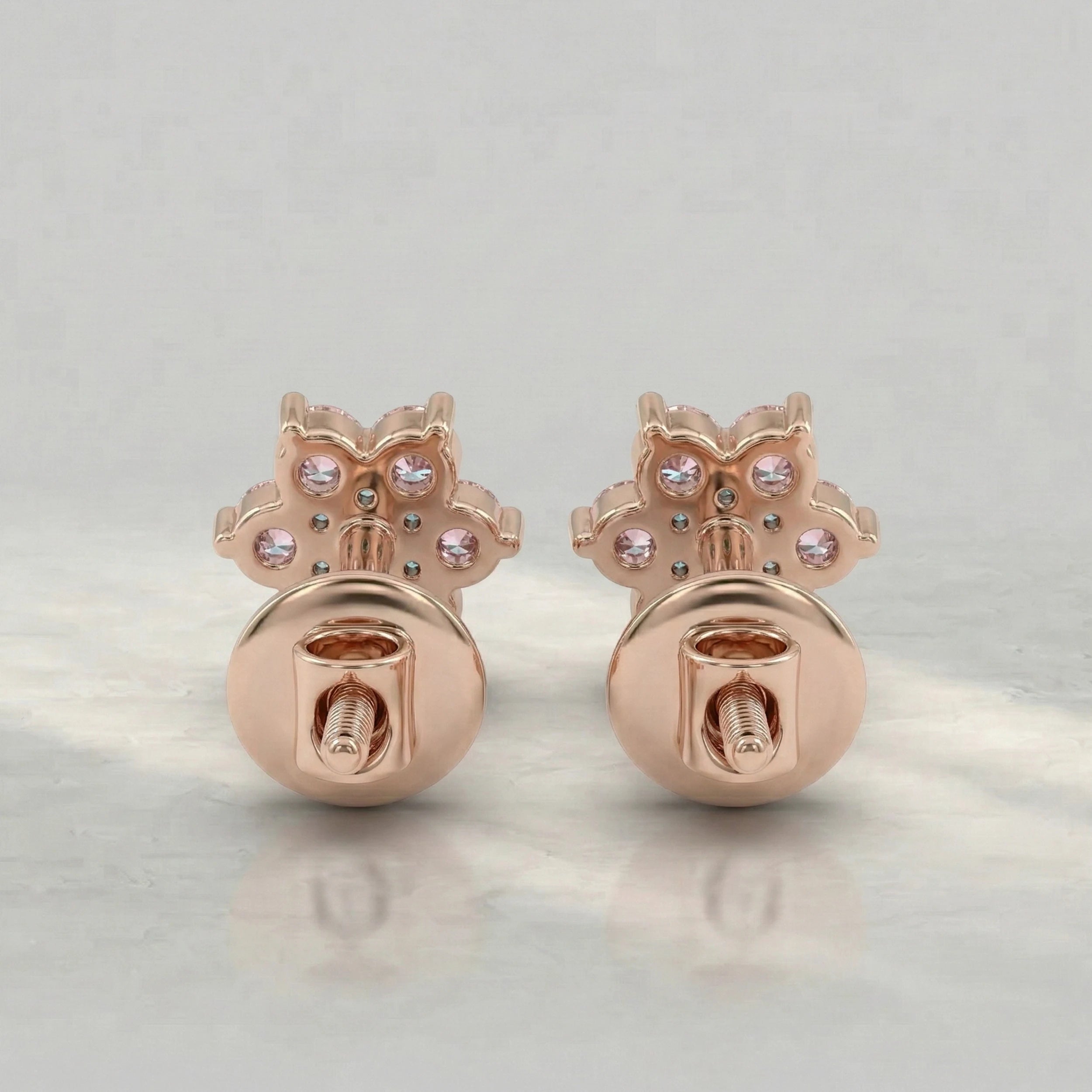Floral Style Pink Round Diamond Stud Earring