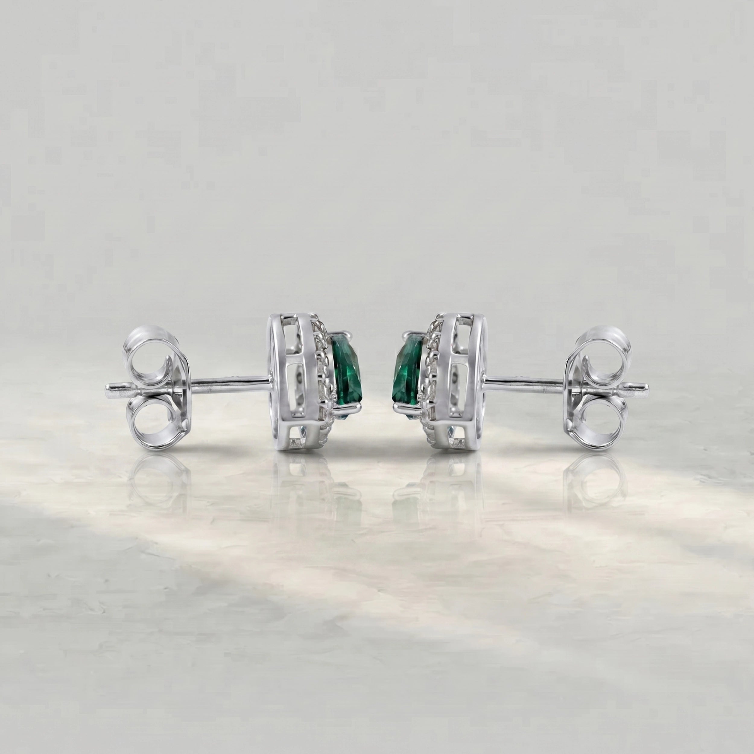 Emerald Pear Gemstone Halo Stud Earrings