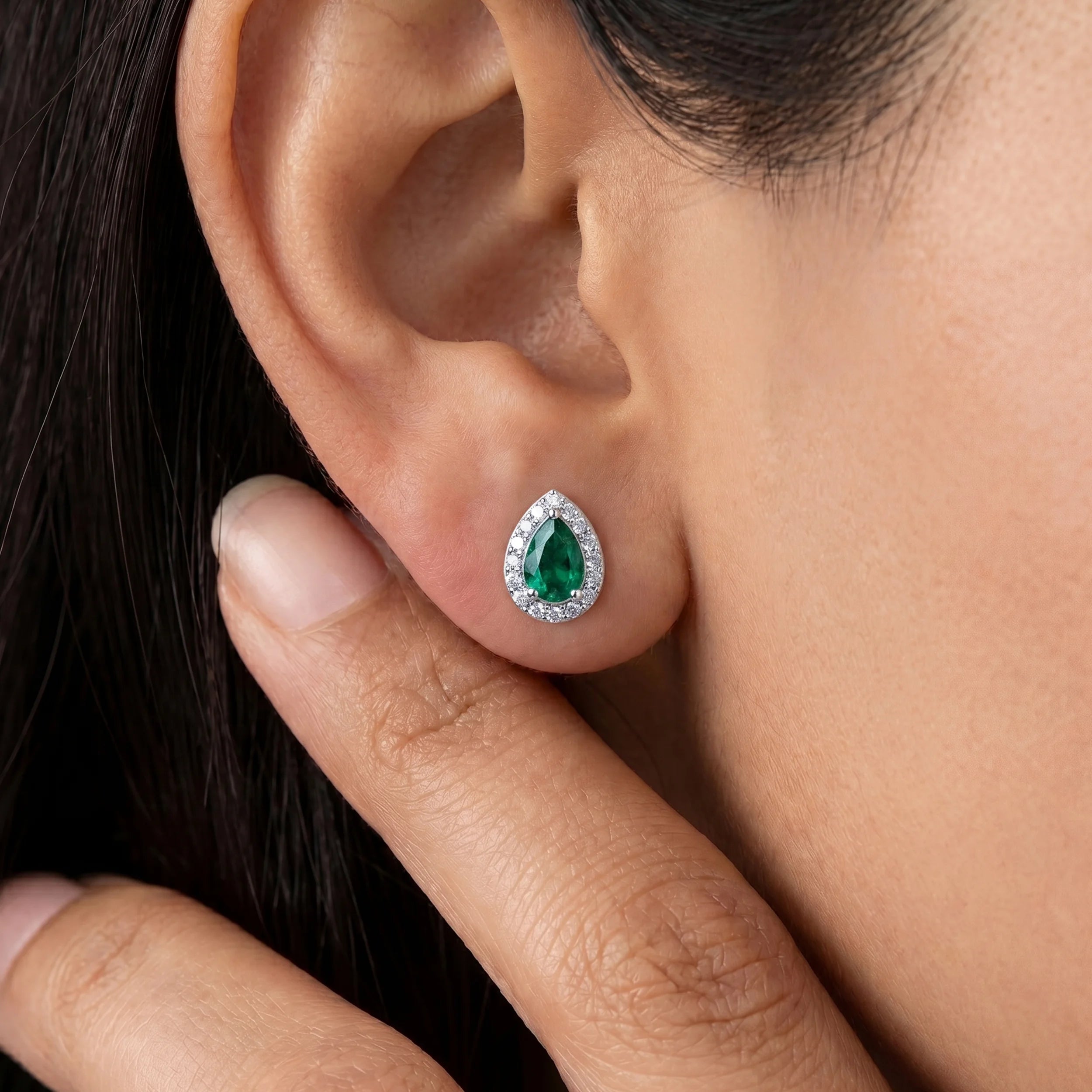 Emerald Pear Gemstone Halo Stud Earrings