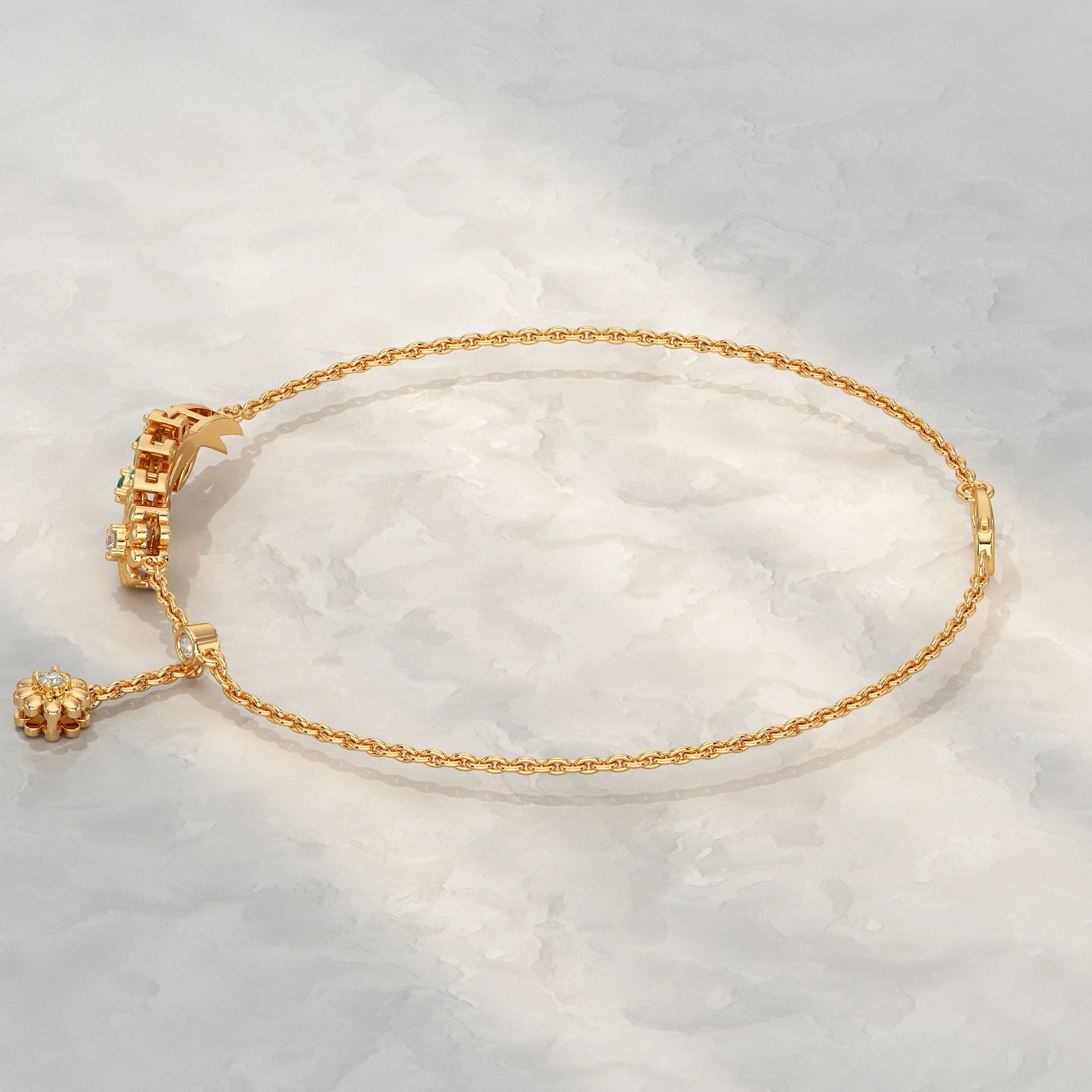 Round Lab Diamond Floral Leaf Charm Chain Bracelet