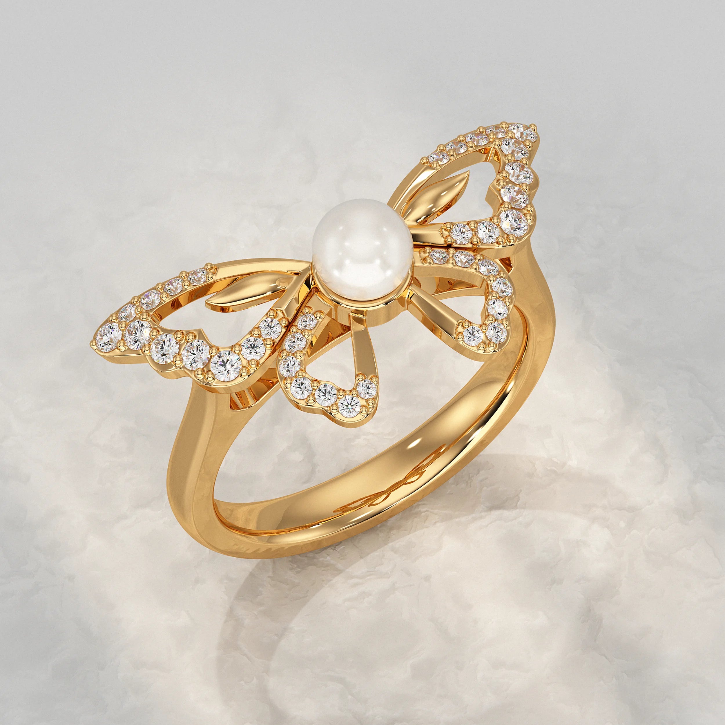 Butterfly With Round Pearl Gemstone Ring