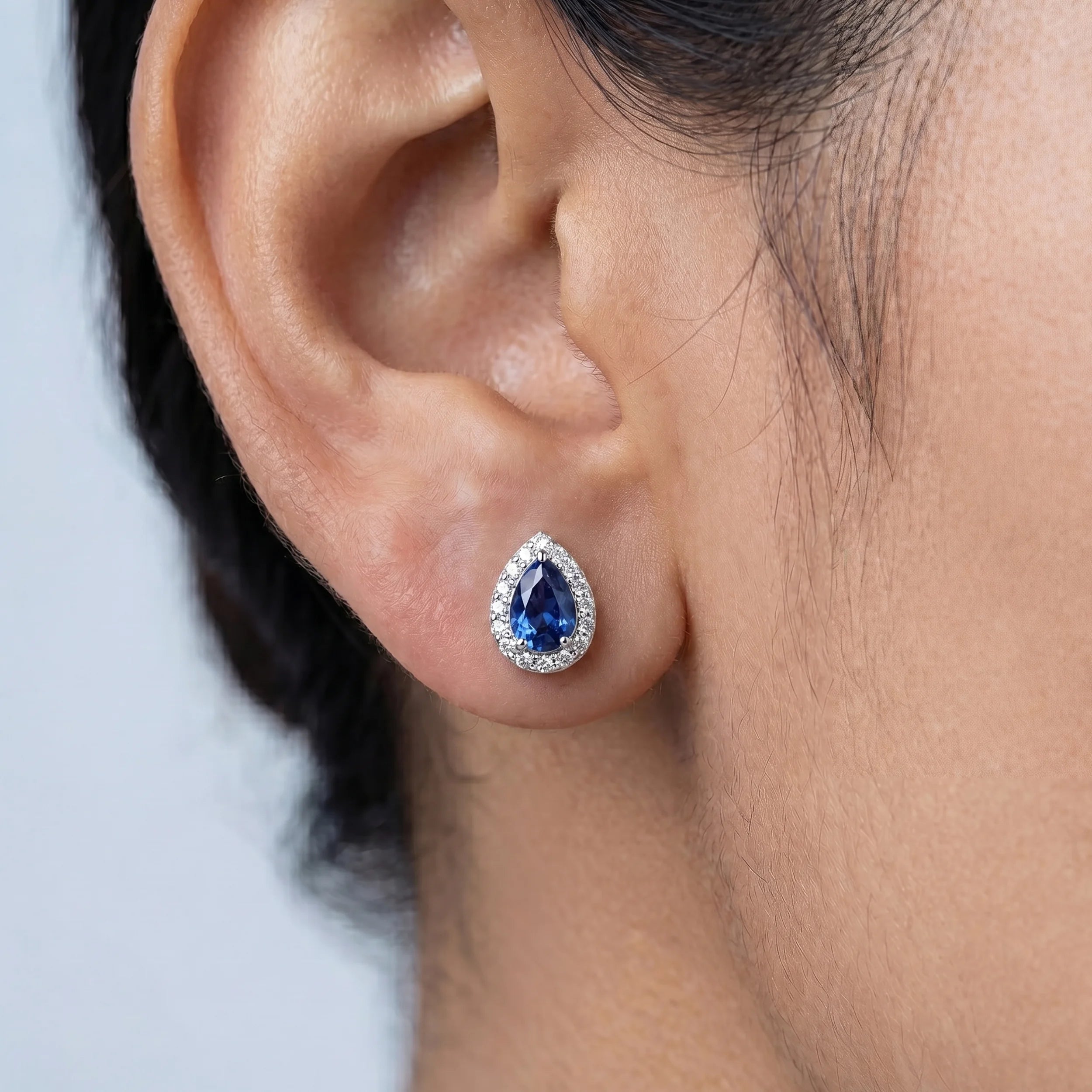 Sapphire Pear Gemstone Halo Stud Earrings