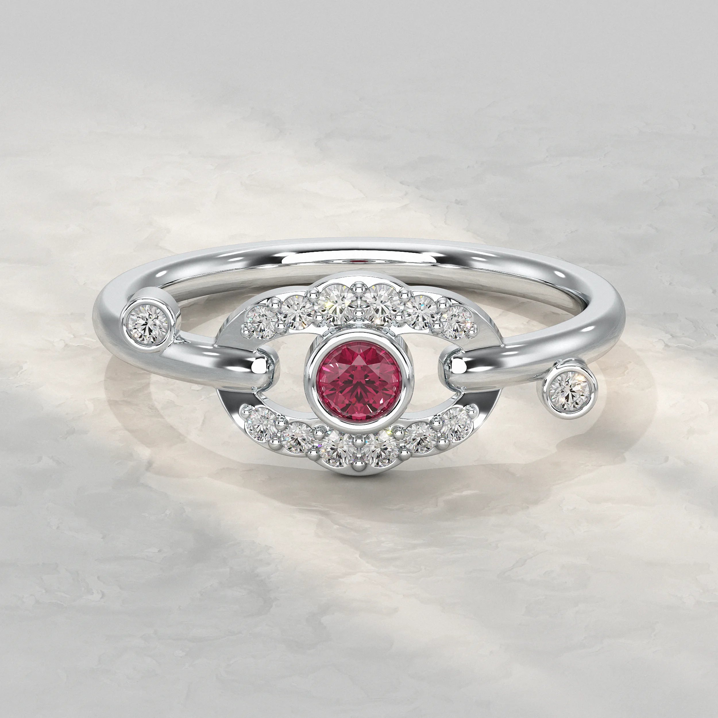 Round Red Gem and Diamond Halo Ring