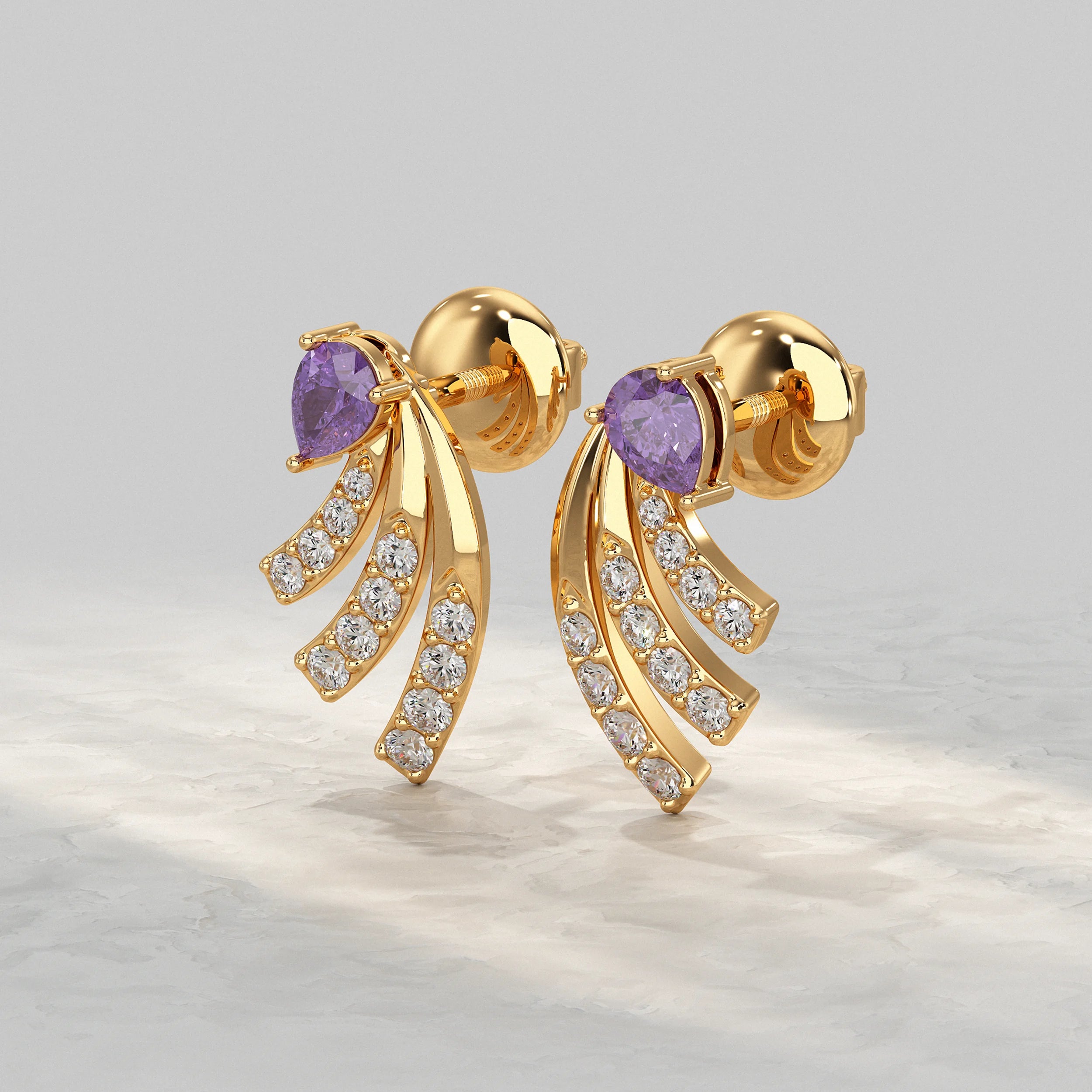 Pear Shaped Amethyst And Round Diamond Stud Earrings