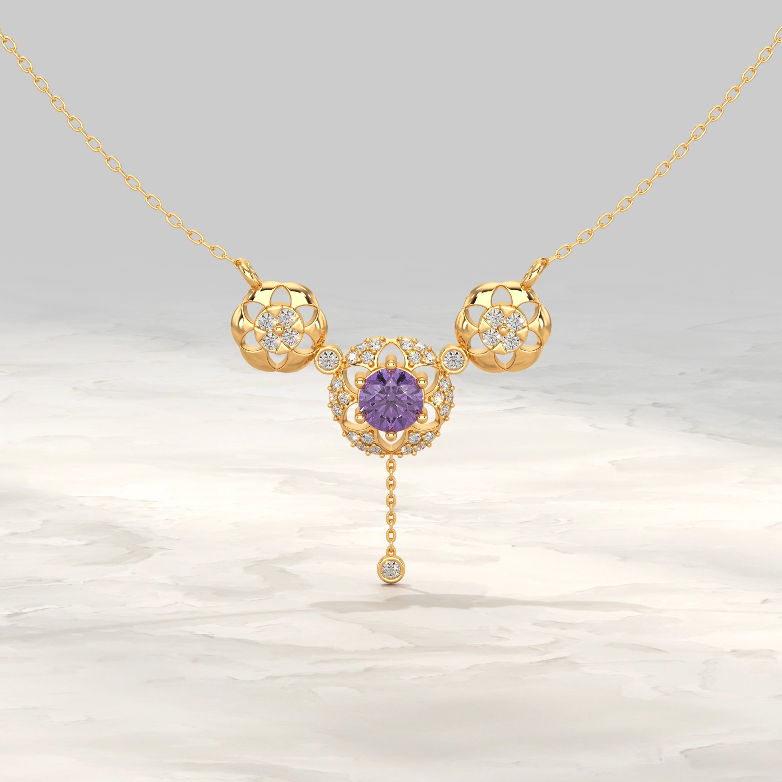 Round Diamond Flower Shape Drop Chain Pendant