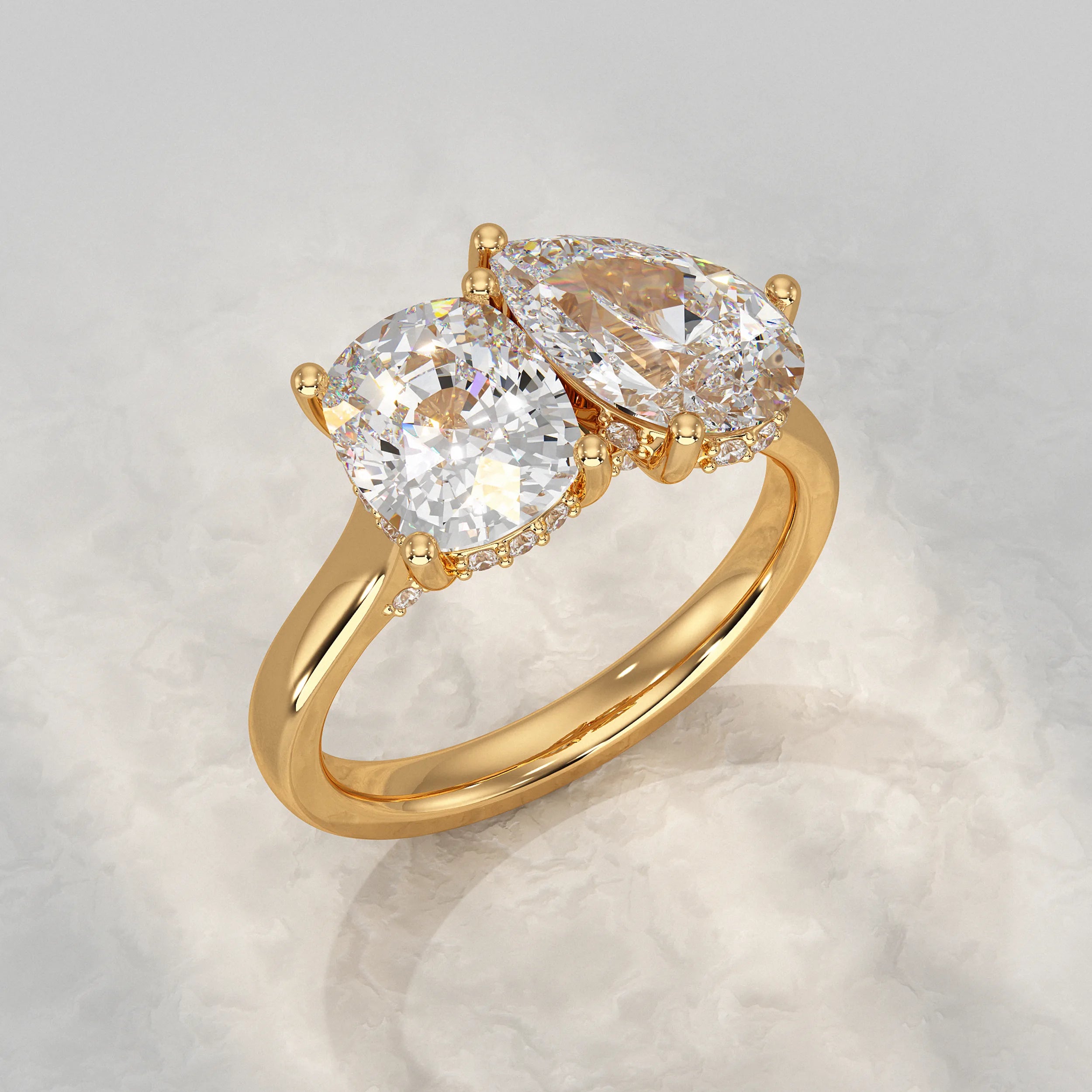 Two Stone Pear And Cushion Lab Diamond Hidden Halo Ring