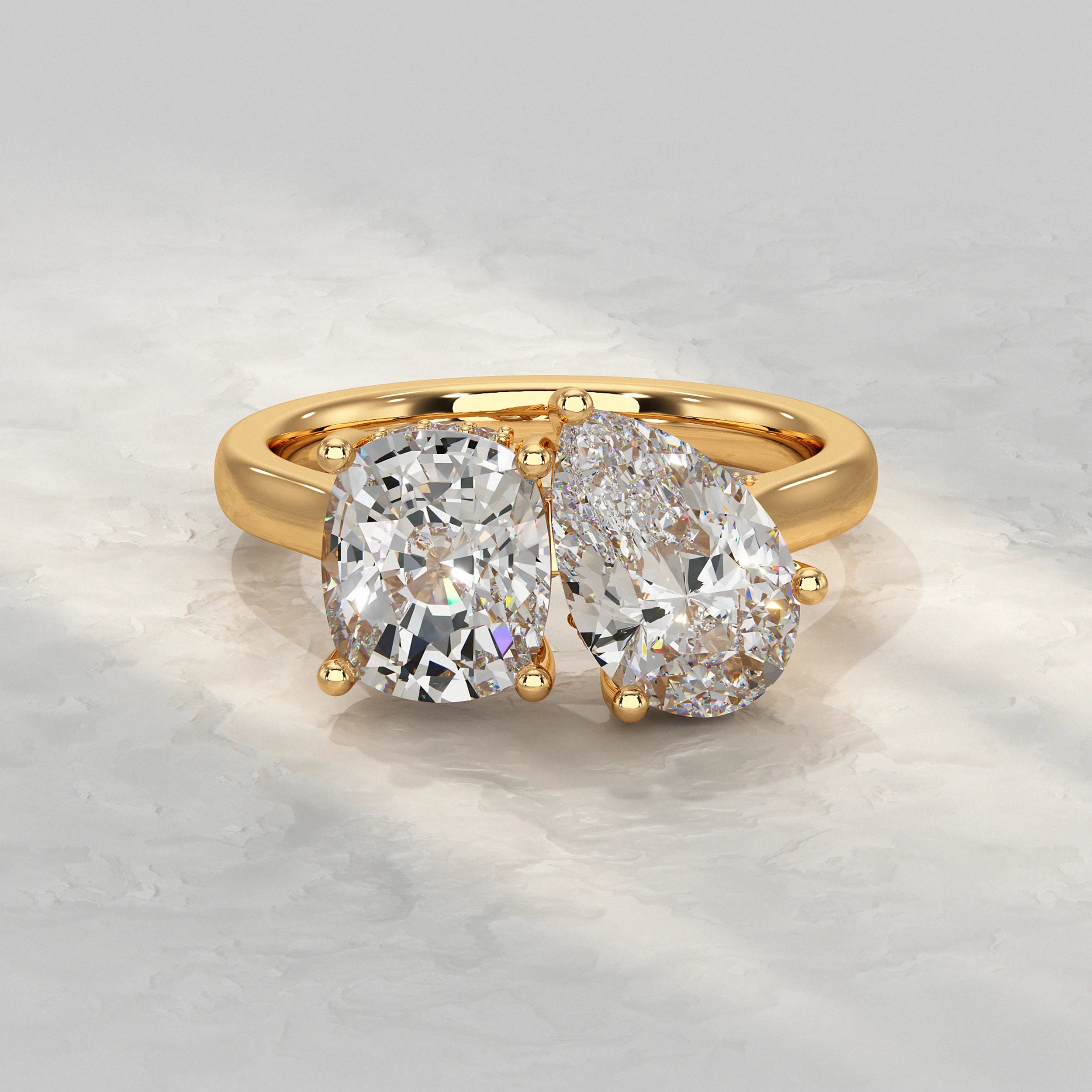 Two Stone Pear And Cushion Lab Diamond Hidden Halo Ring