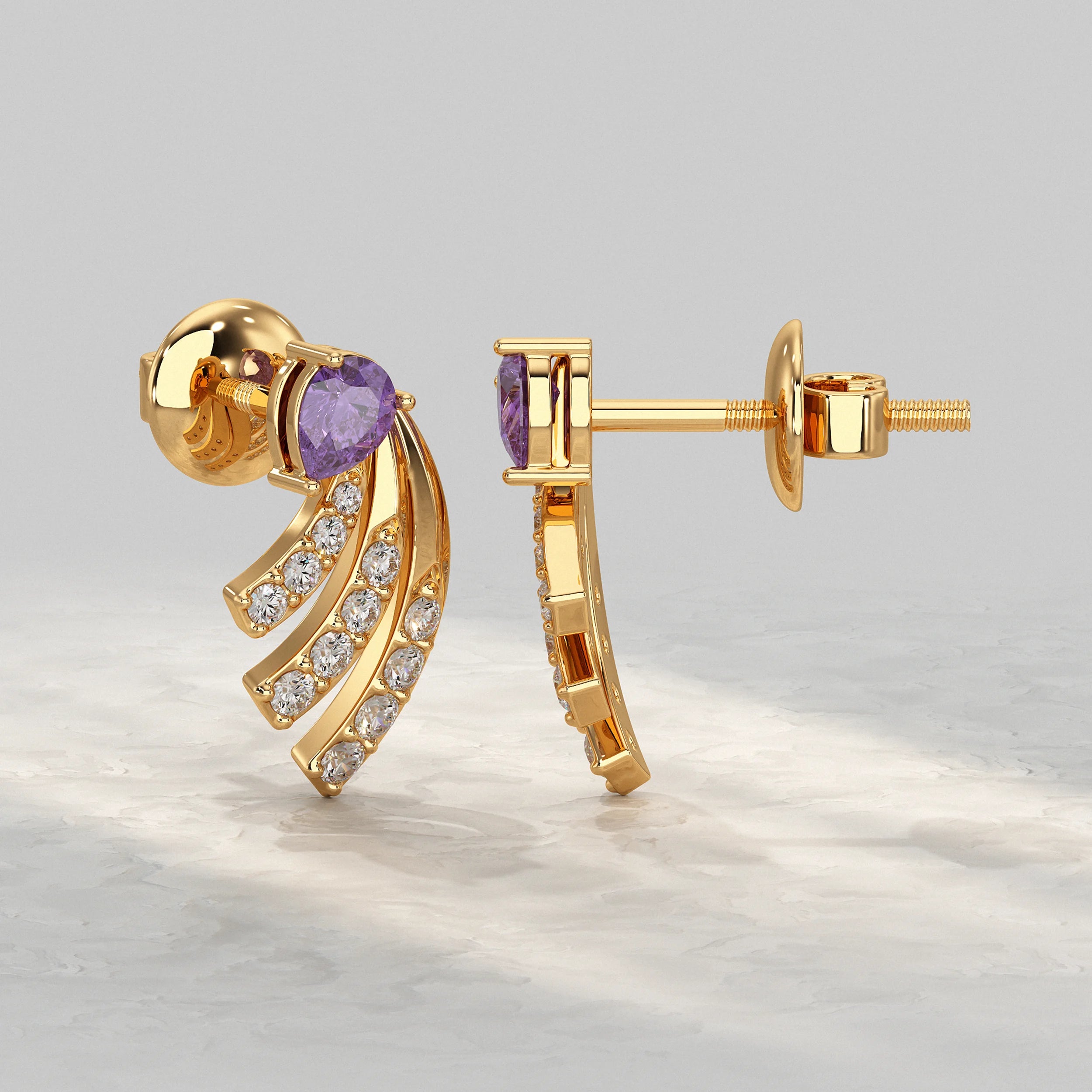 Pear Shaped Amethyst And Round Diamond Stud Earrings