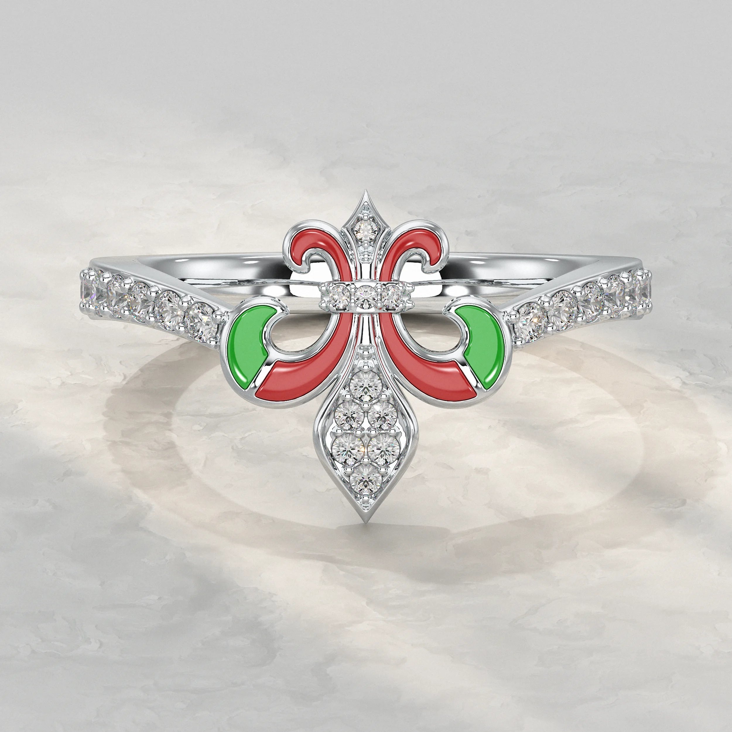 Lab Diamond Red & Green Enamel Fleur-de-Lis Ring