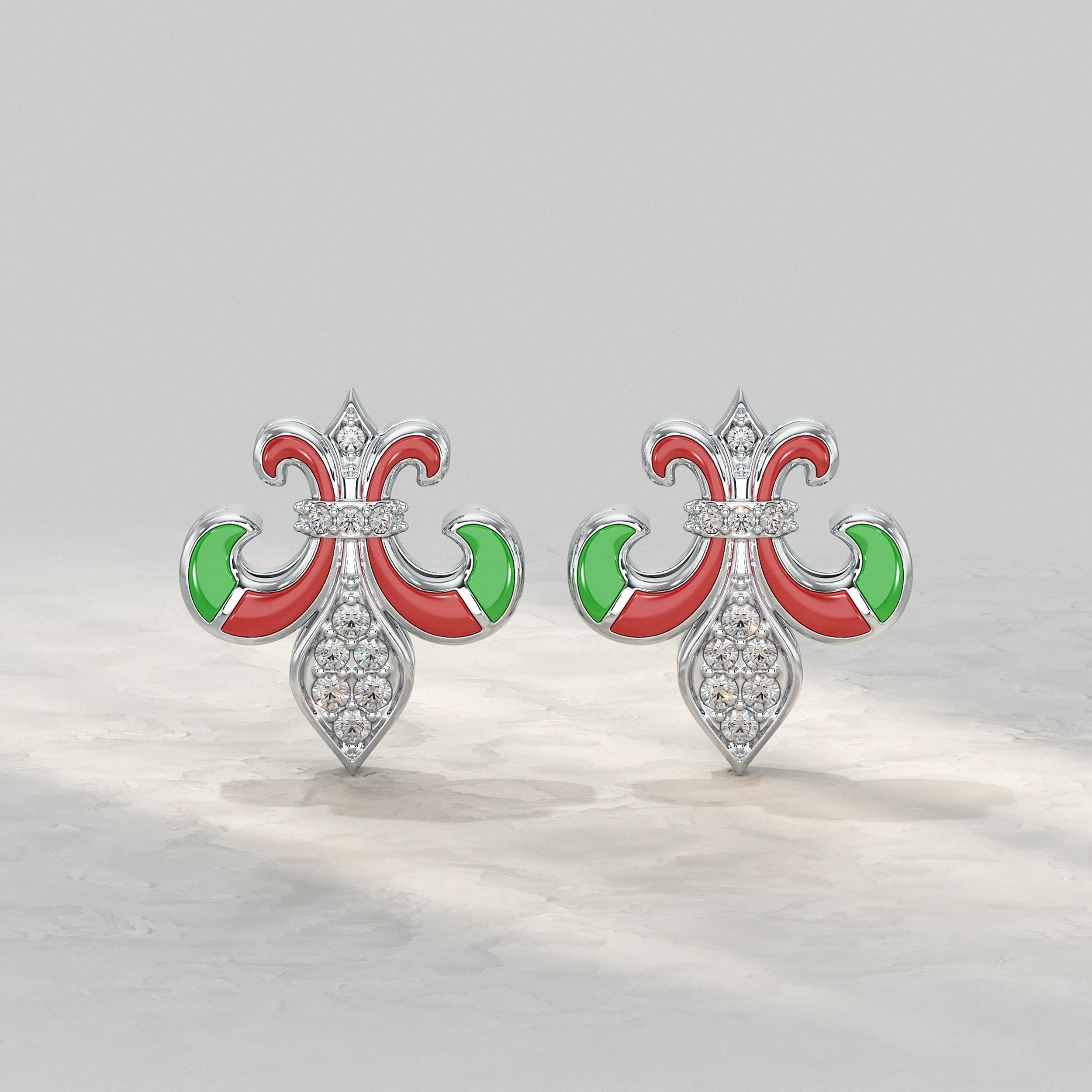 Enamel Diamond Fleur-de-Lis Stud Earrings