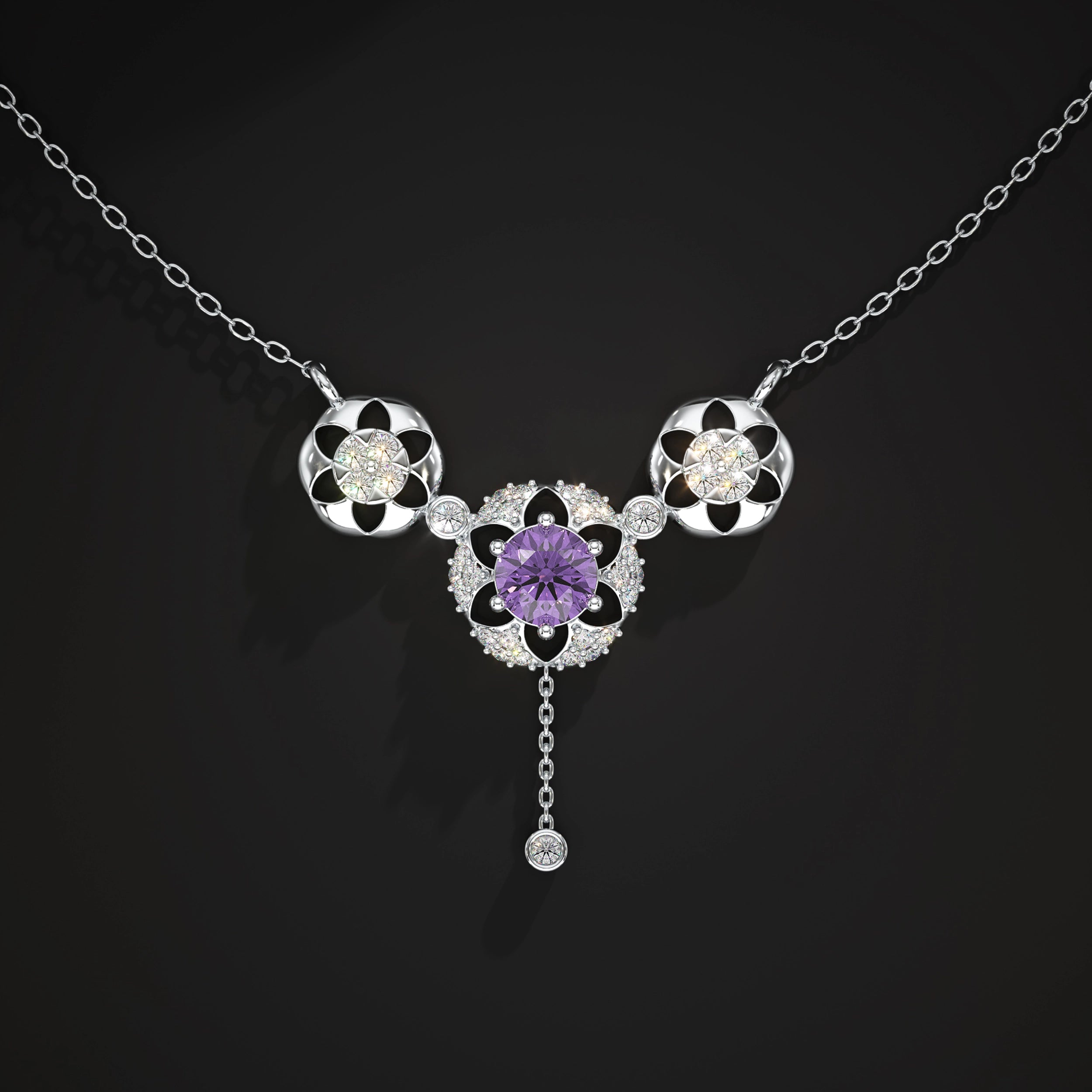Round Diamond Flower Shape Drop Chain Pendant