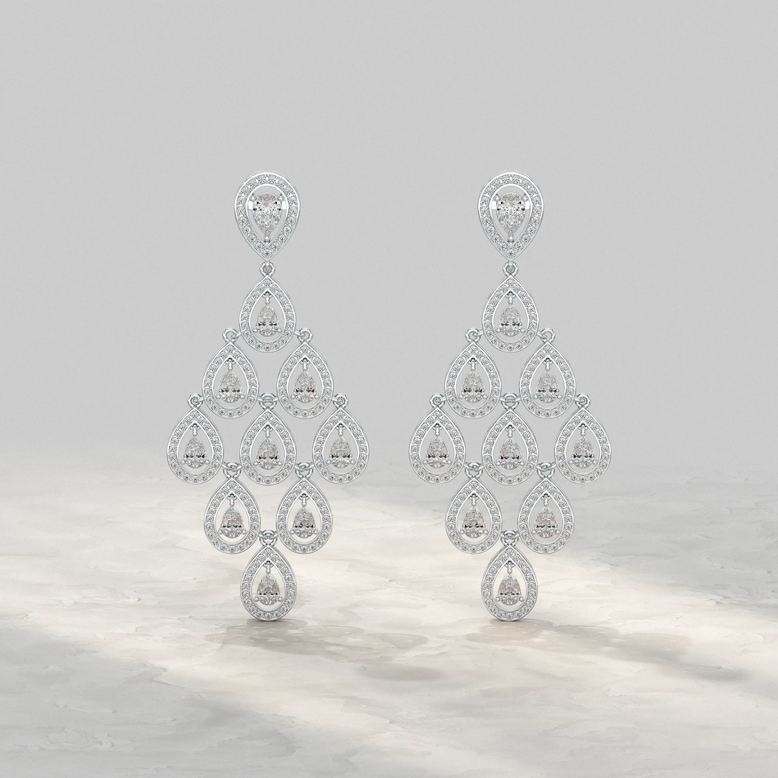 Pear Shape Halo Diamond Dangle Chandelier Earrings