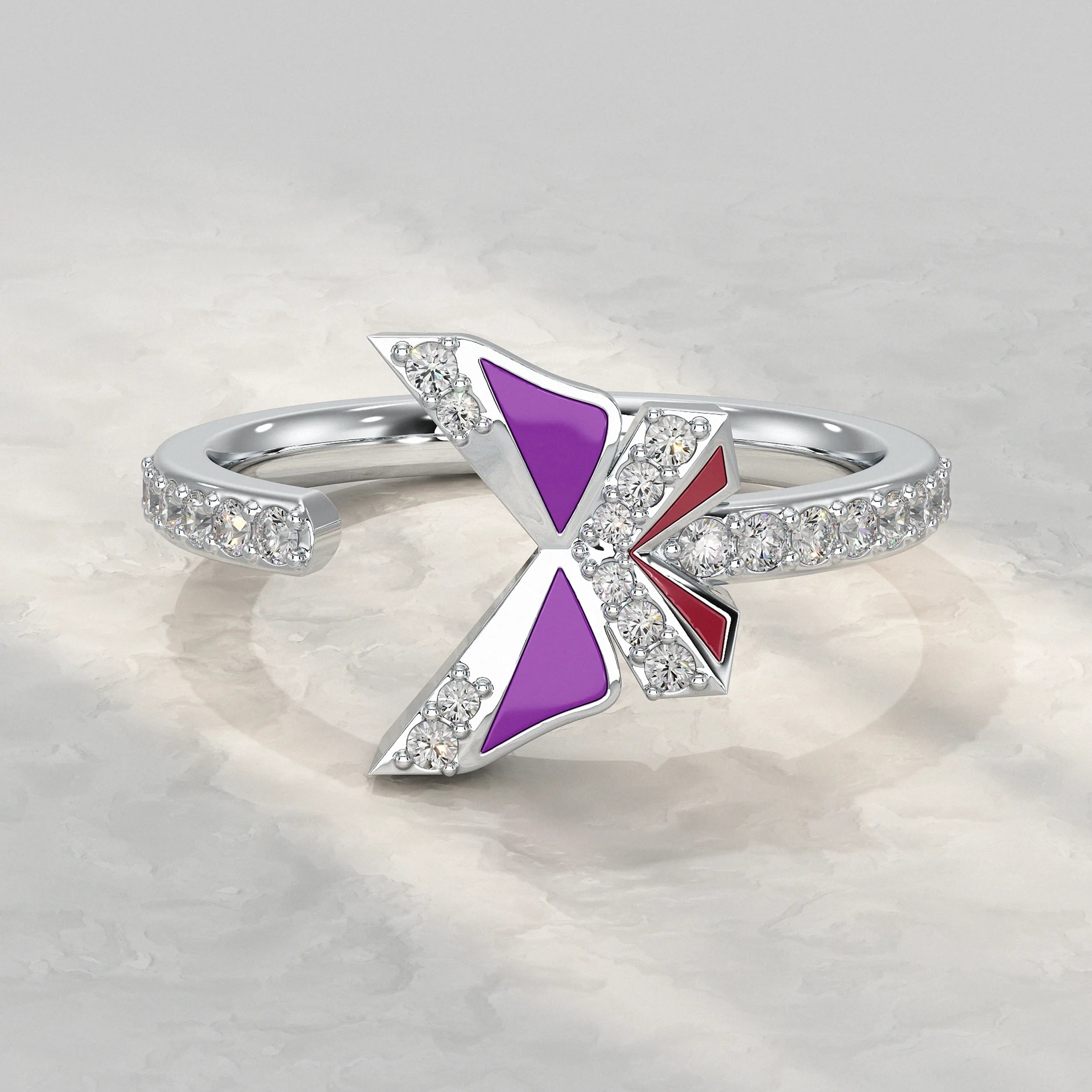 Purple Enamel Butterfly Lab Diamond Open Cuff Ring
