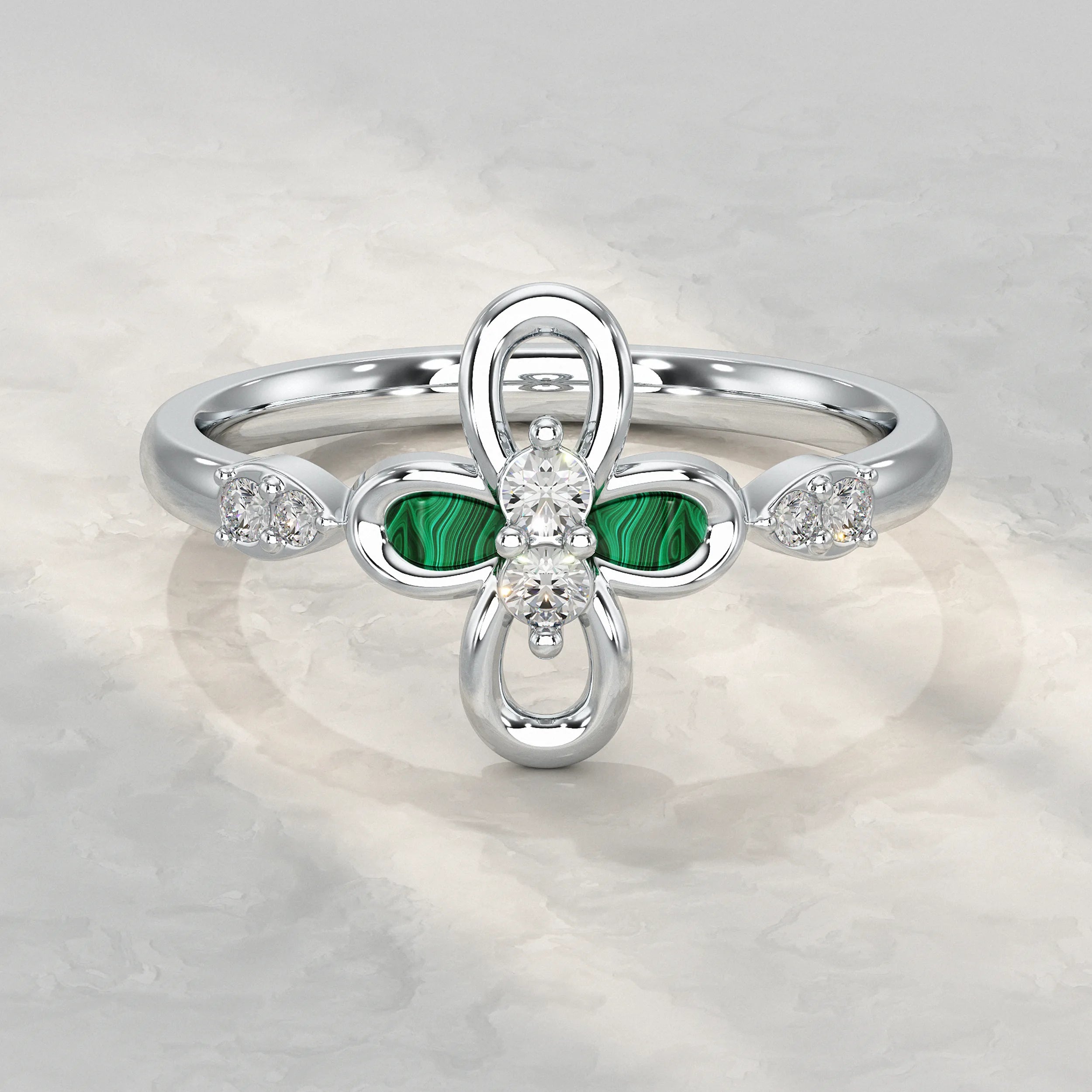 Floral Diamond Ring with Green Enamel Accent