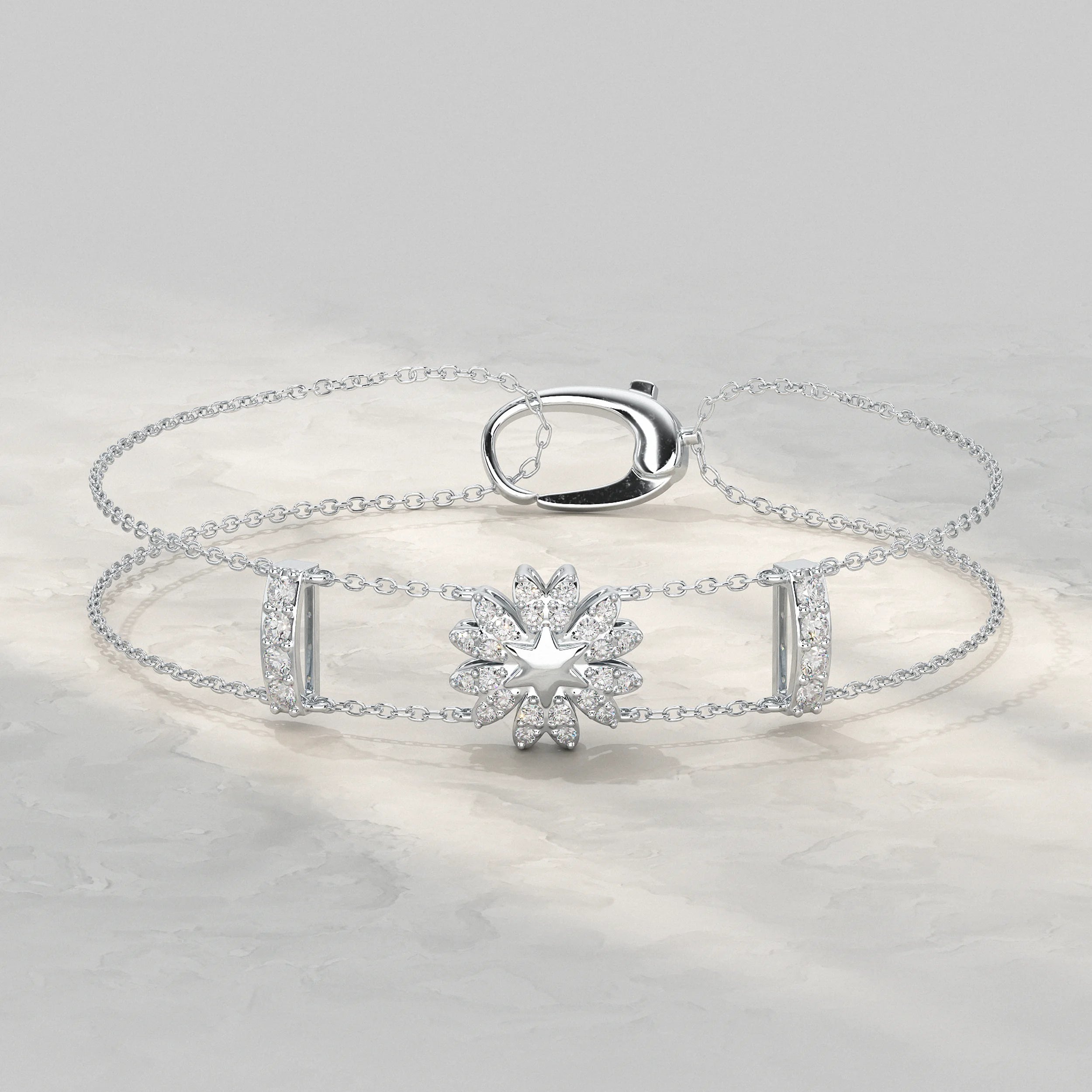 Floral Shape Round Diamond Double Chain Bracelet