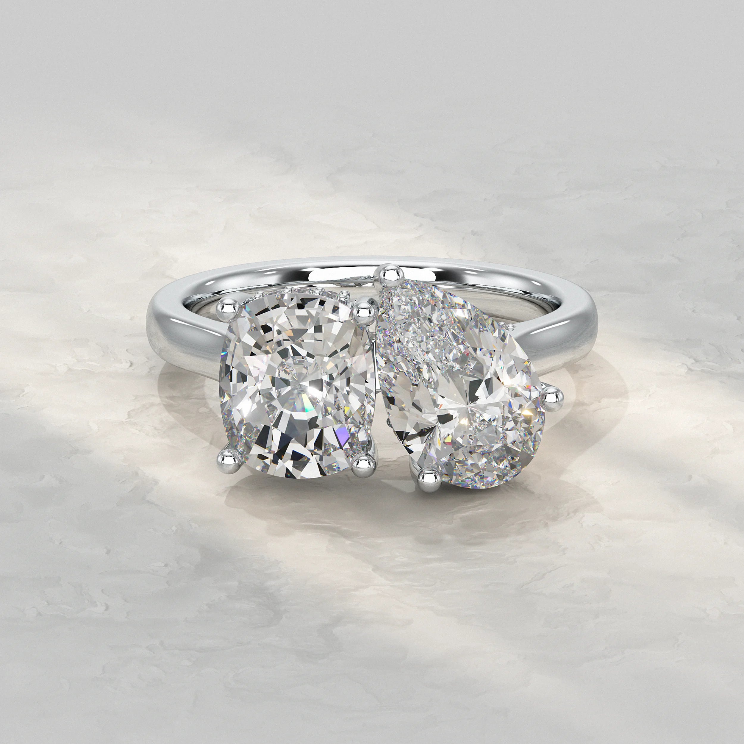 Two Stone Pear And Cushion Lab Diamond Hidden Halo Ring