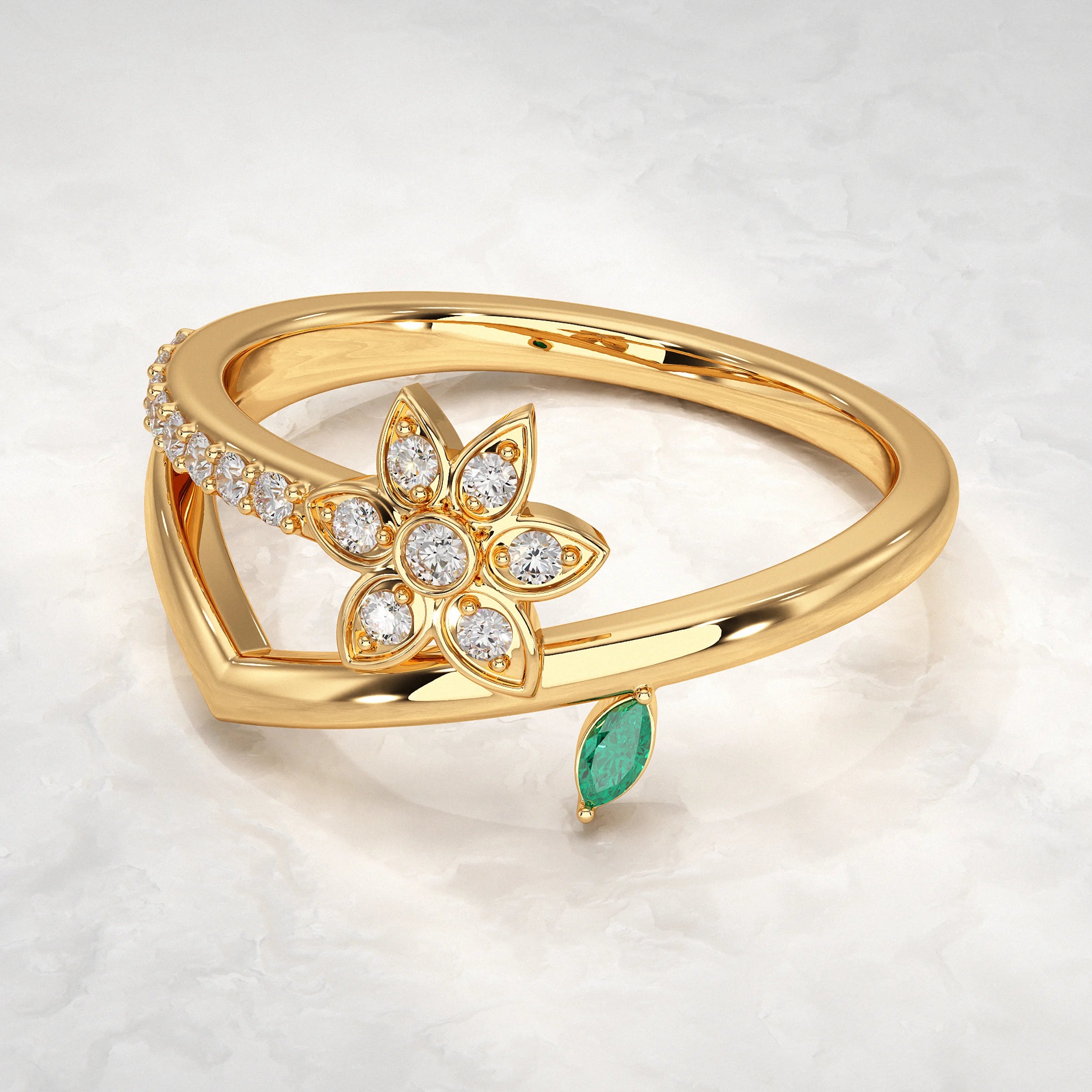 Yellow-Gold-Ring-with-Diamond-Petals-and-Green-Leaf