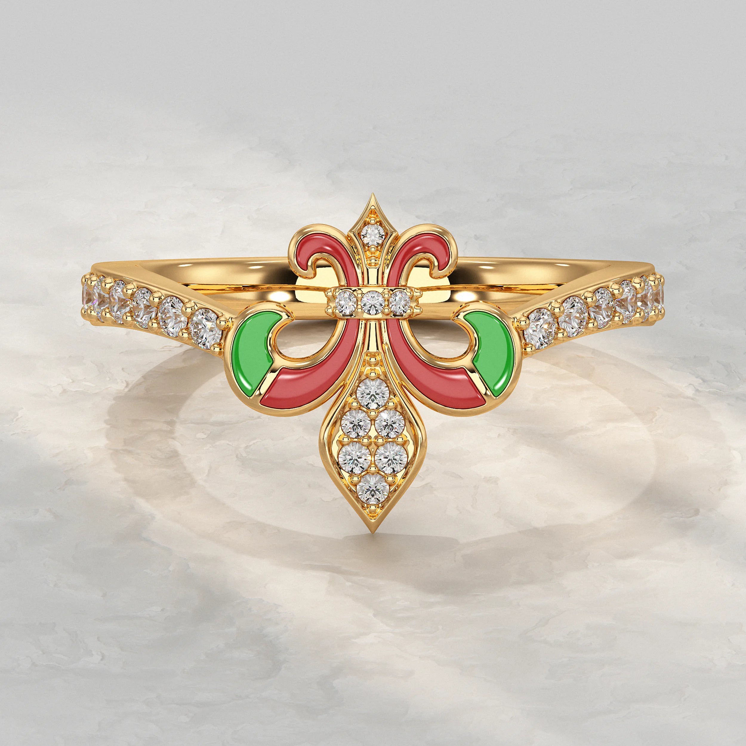 Lab Diamond Red & Green Enamel Fleur-de-Lis Ring