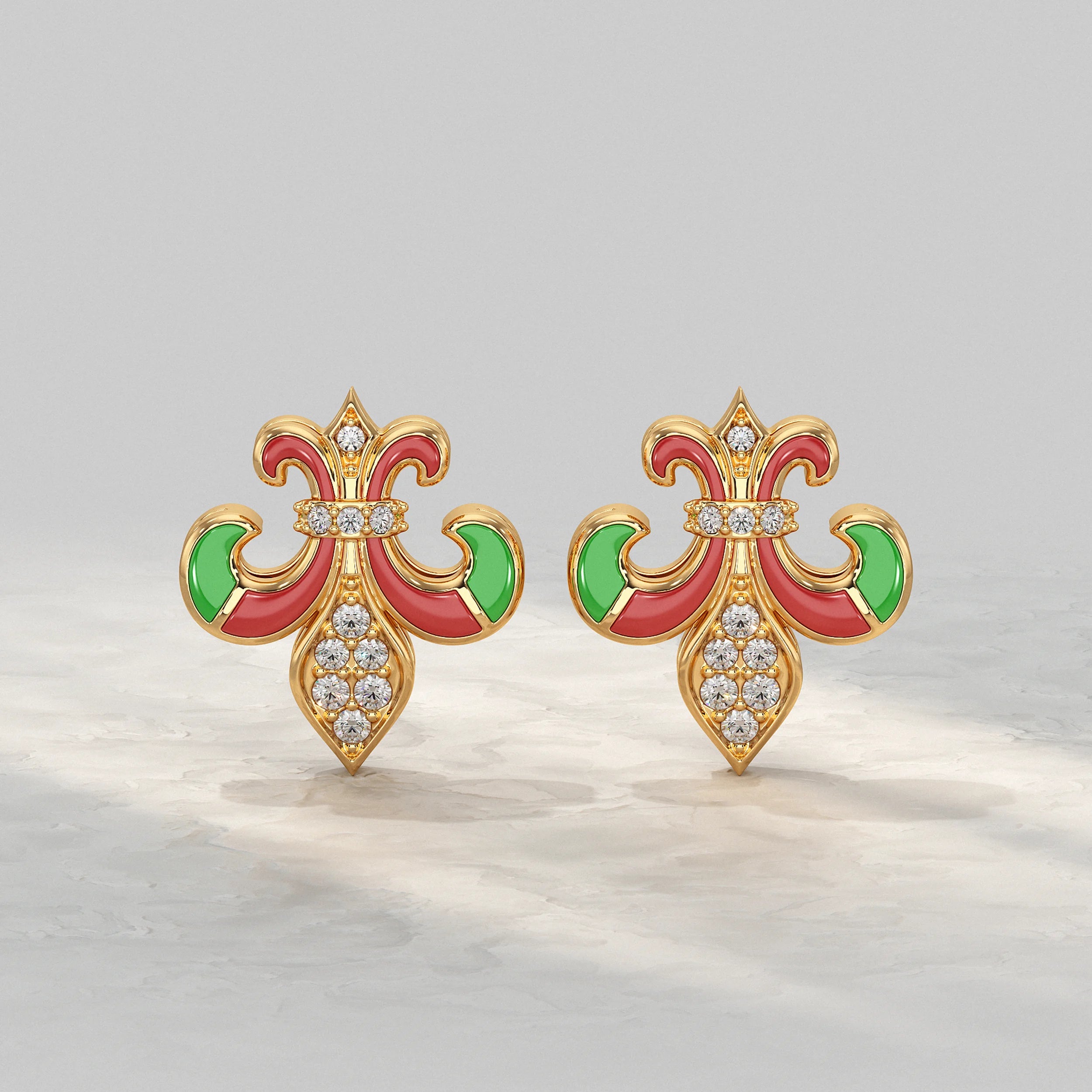 Enamel Diamond Fleur-de-Lis Stud Earrings