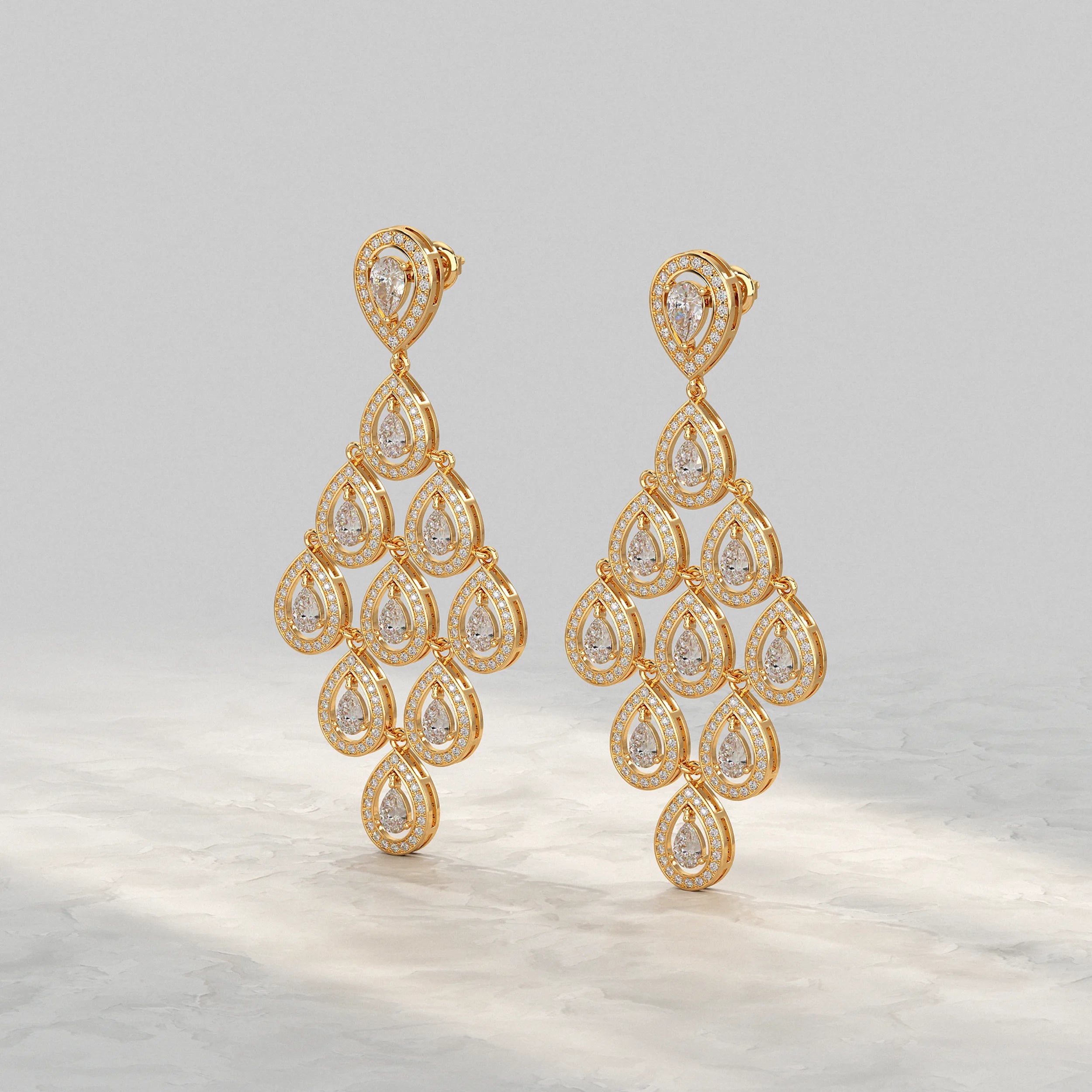 Pear Shape Halo Diamond Dangle Chandelier Earrings