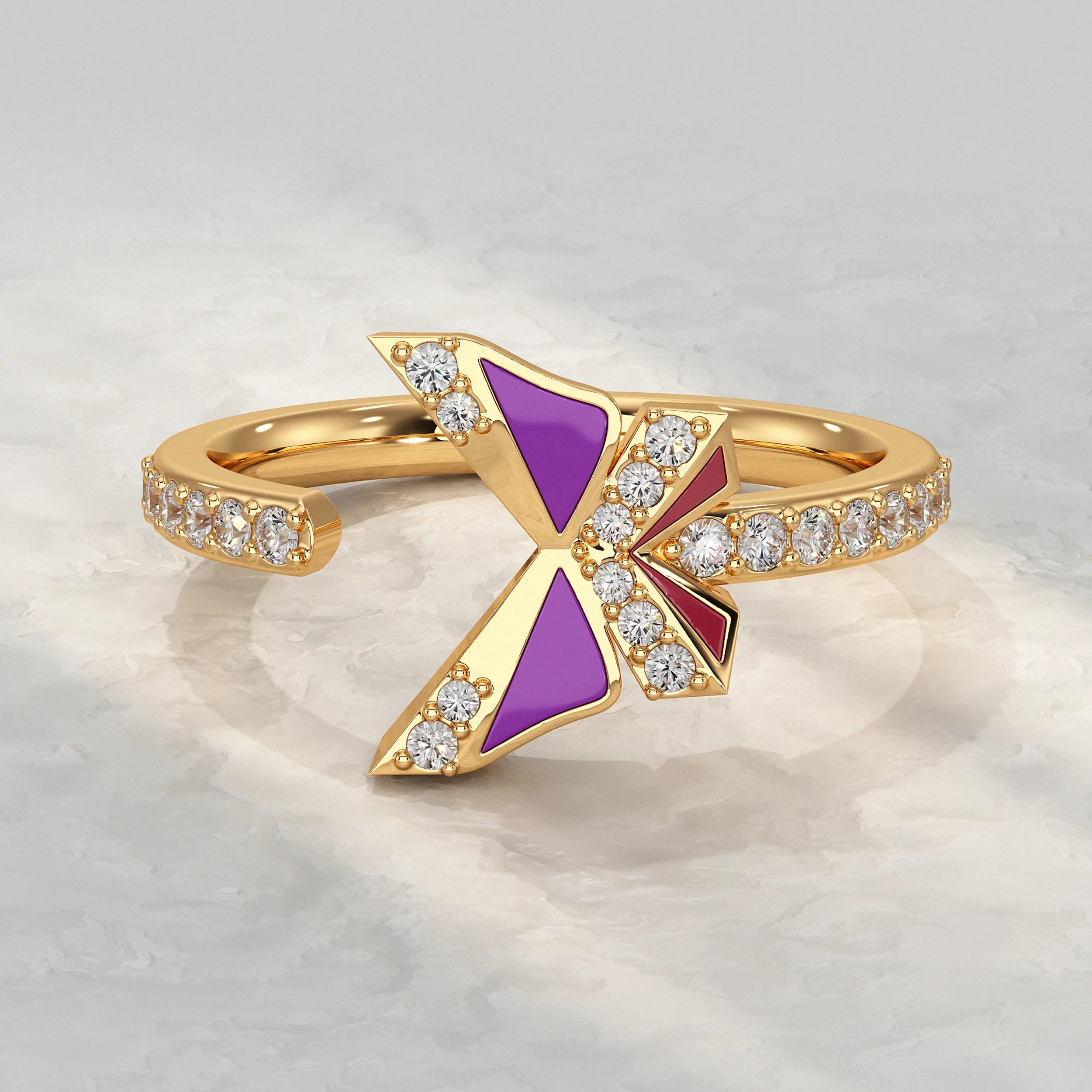 Purple Enamel Butterfly Lab Diamond Open Cuff Ring