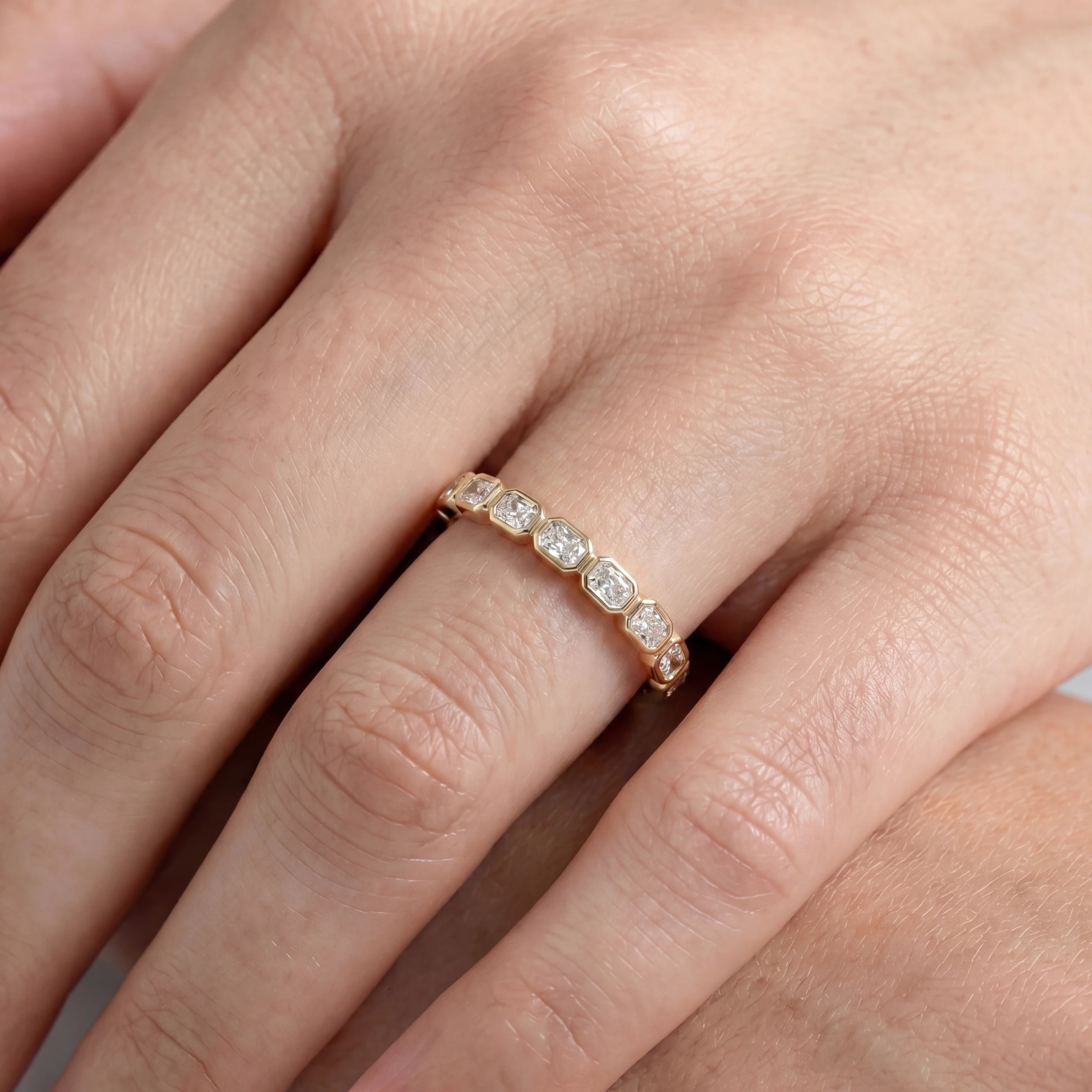 Radiant Lab Grown Diamond Bezel Set Wedding Band Rings