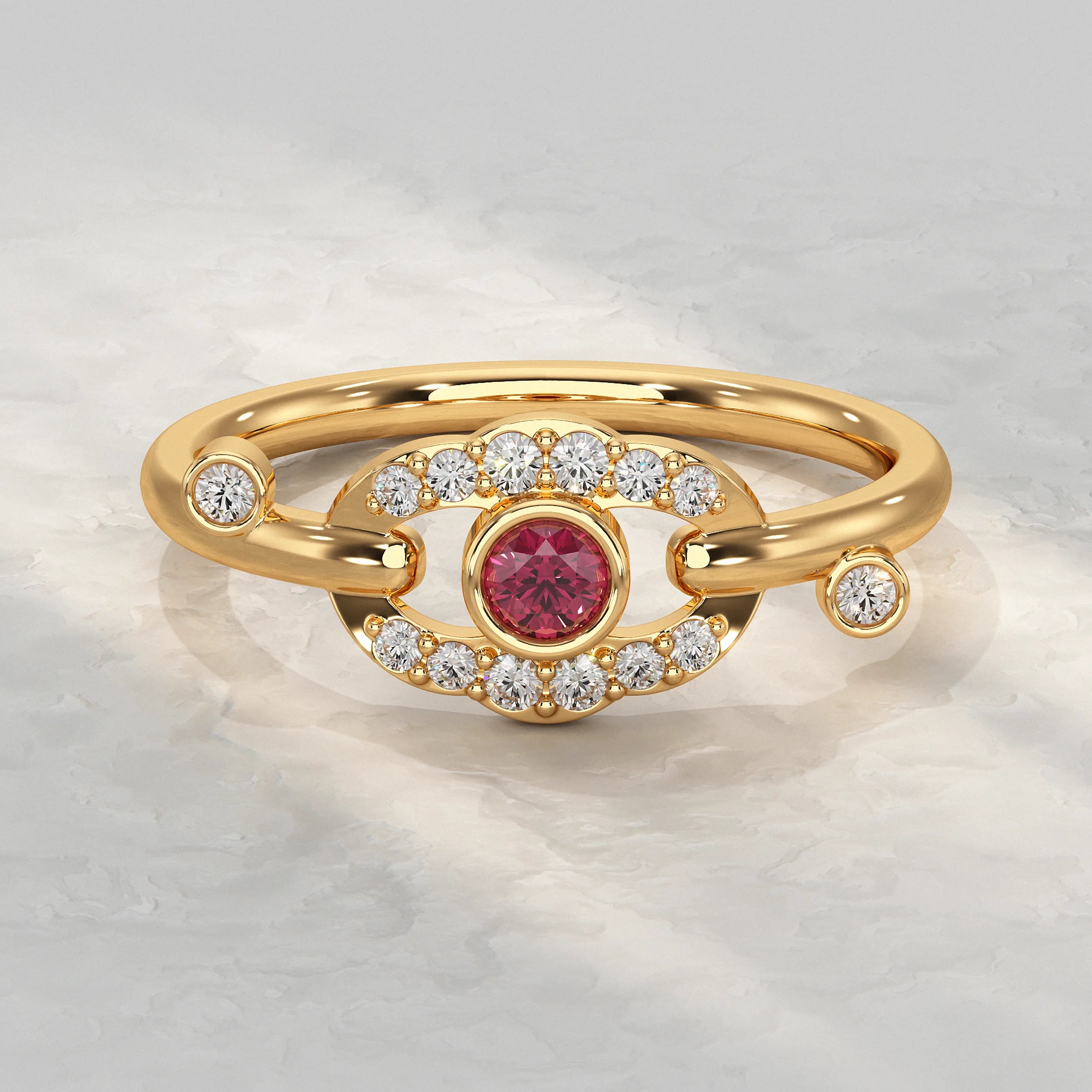 Round Red Gem and Diamond Halo Ring
