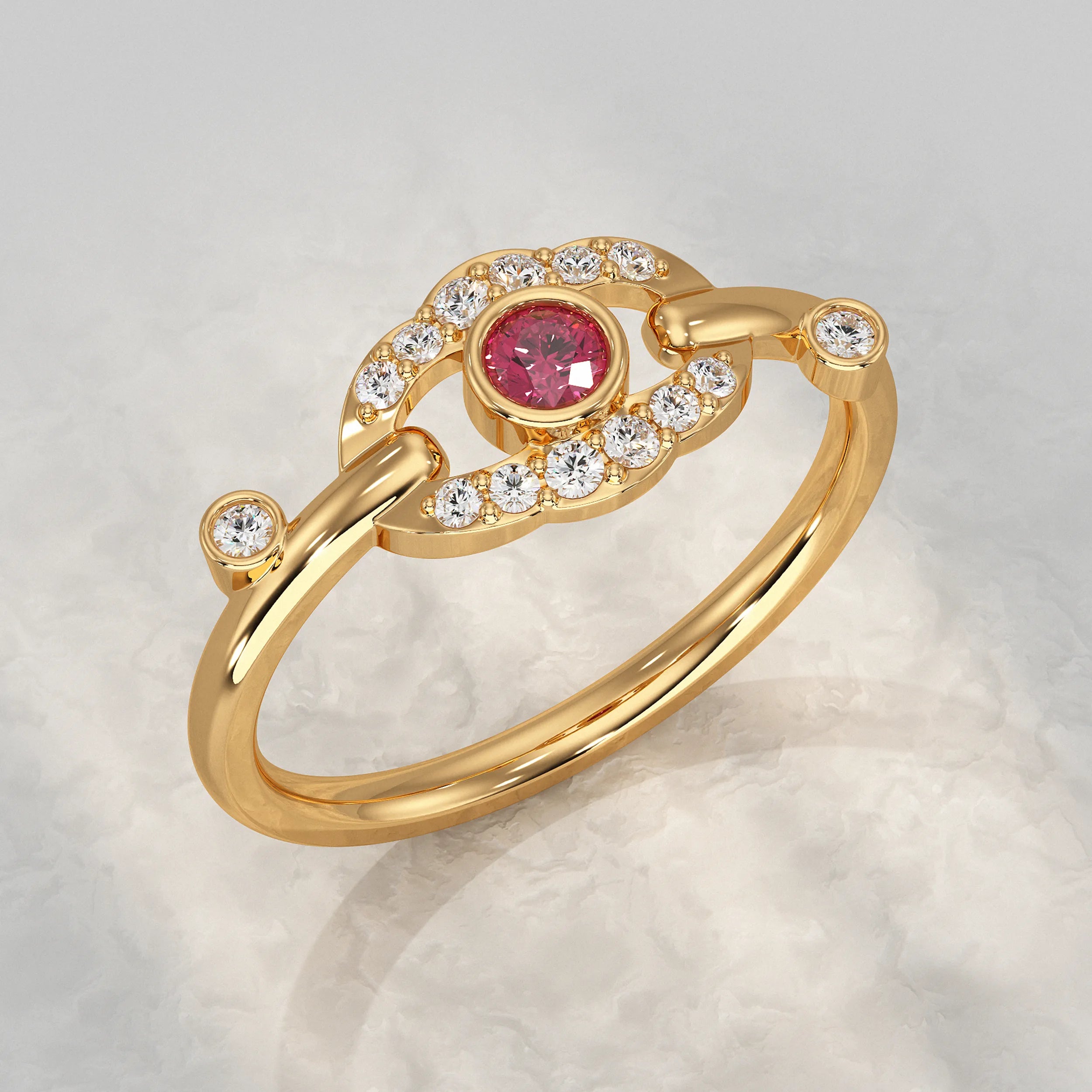 Round Red Gem and Diamond Halo Ring