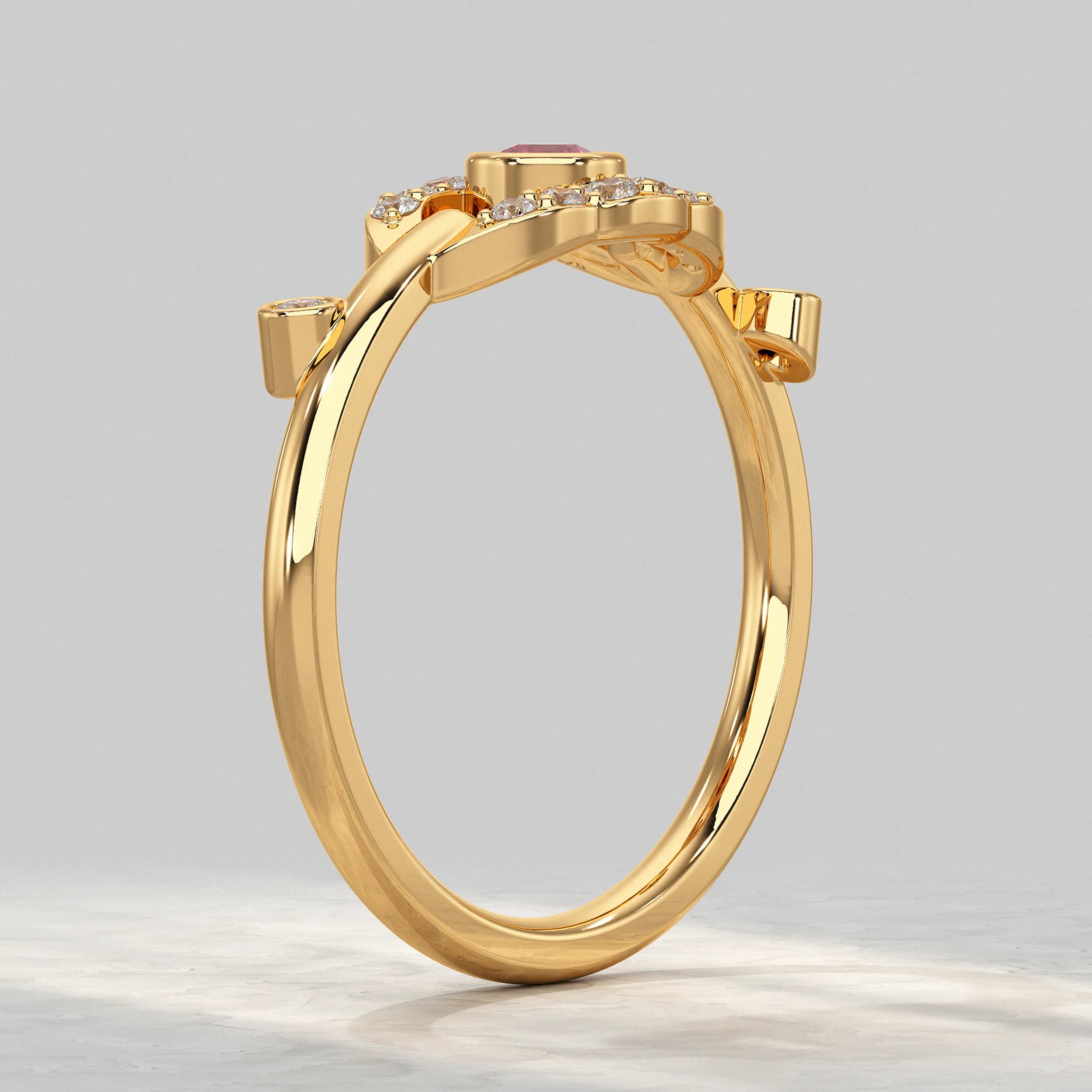 Round Red Gem and Diamond Halo Ring