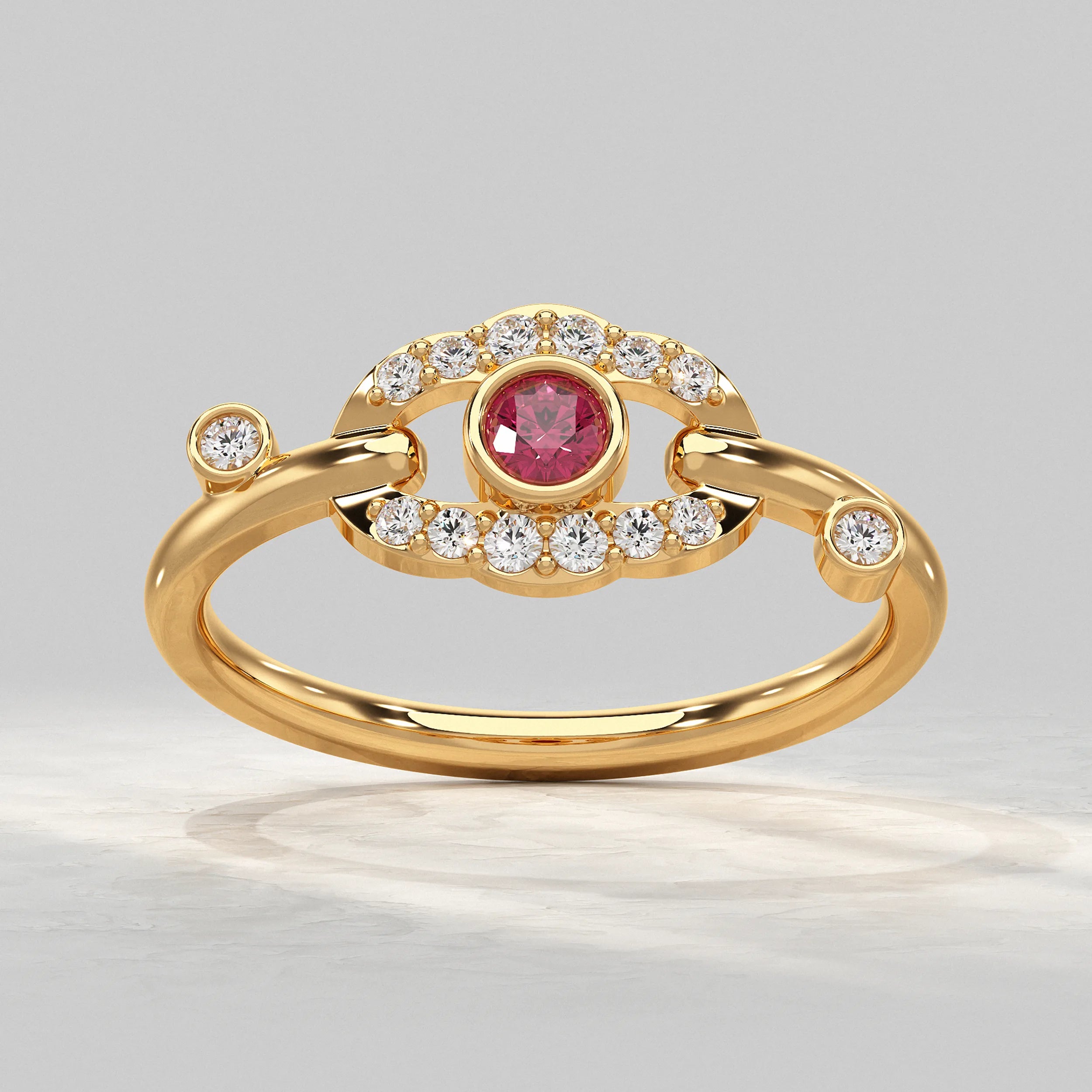 Round Red Gem and Diamond Halo Ring