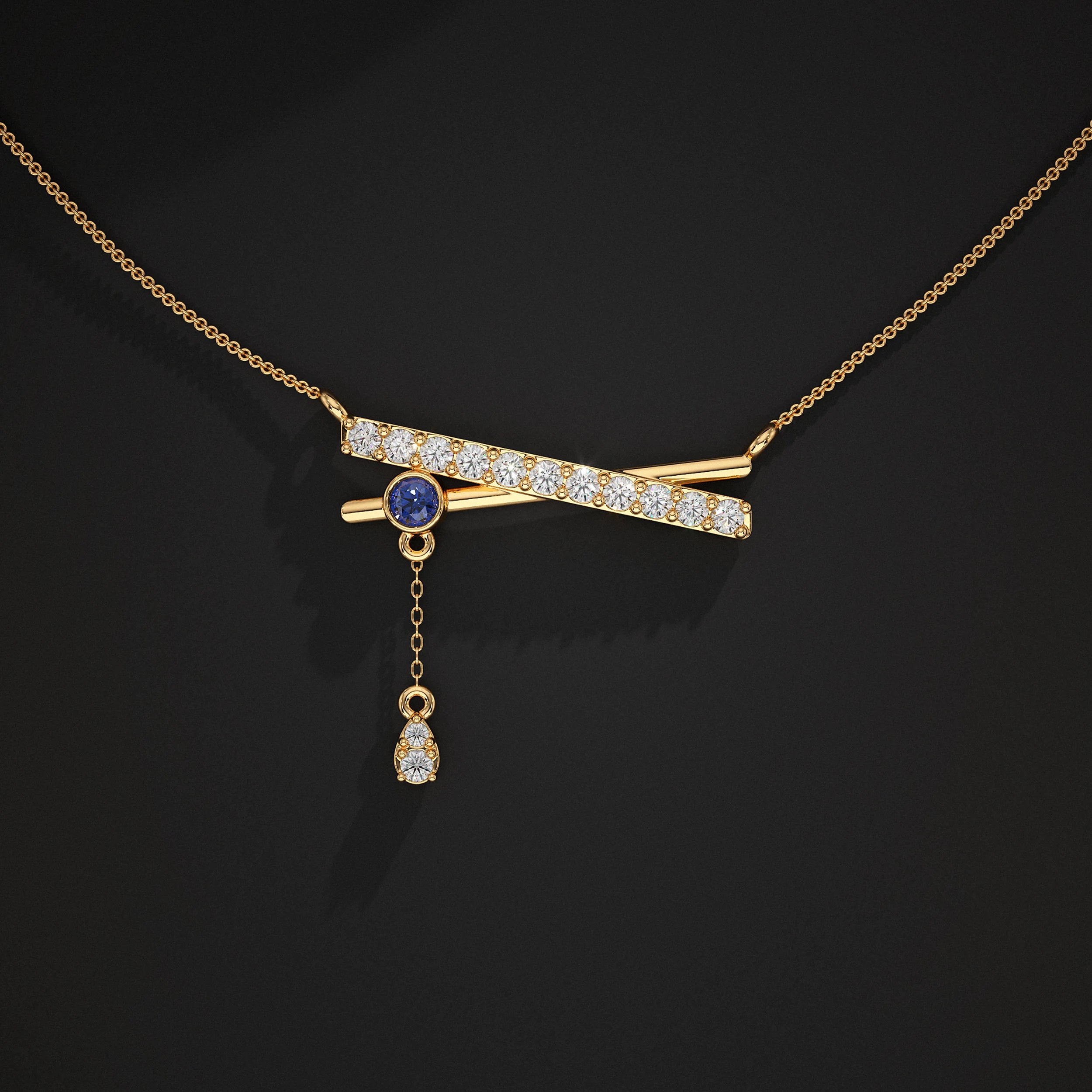 Round Lab Diamond Drop Chain Bar Pendant