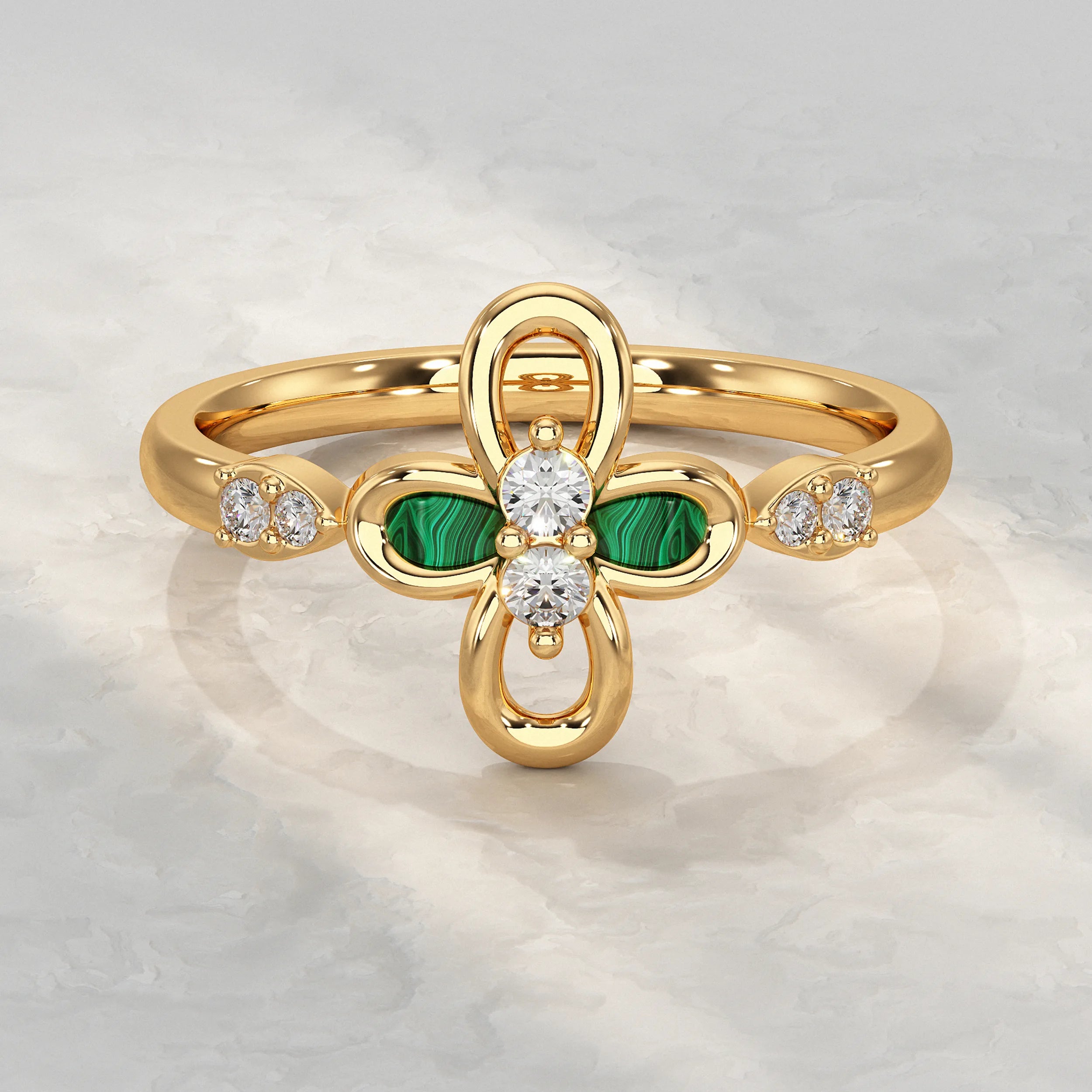 Floral Diamond Ring with Green Enamel Accent